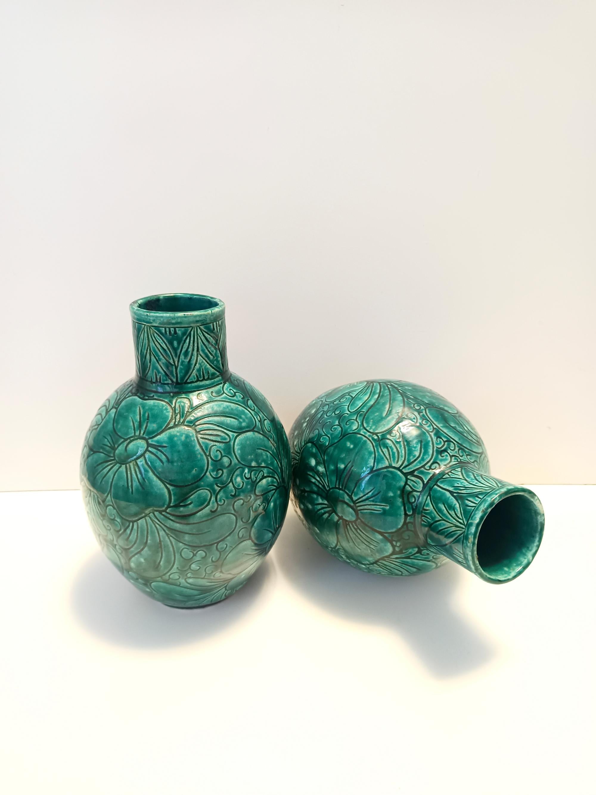 Smaltato Coppia di vasi in ceramica verde realizzati a mano da Fanciullacci, Italia in vendita