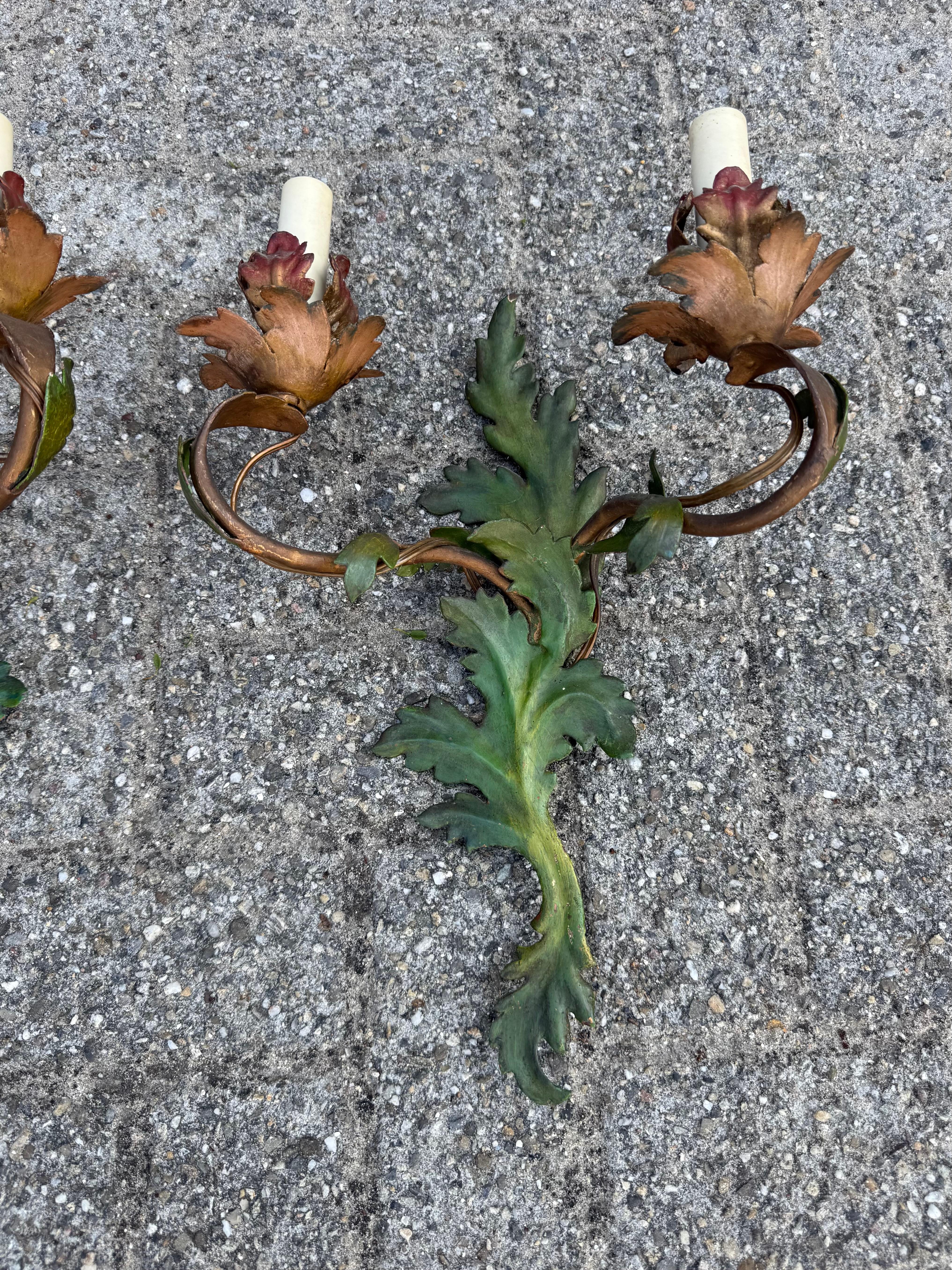 Pair of Handcrafted Italian Tole Wall Sconces with Floral and Leaf Motif For Sale 4