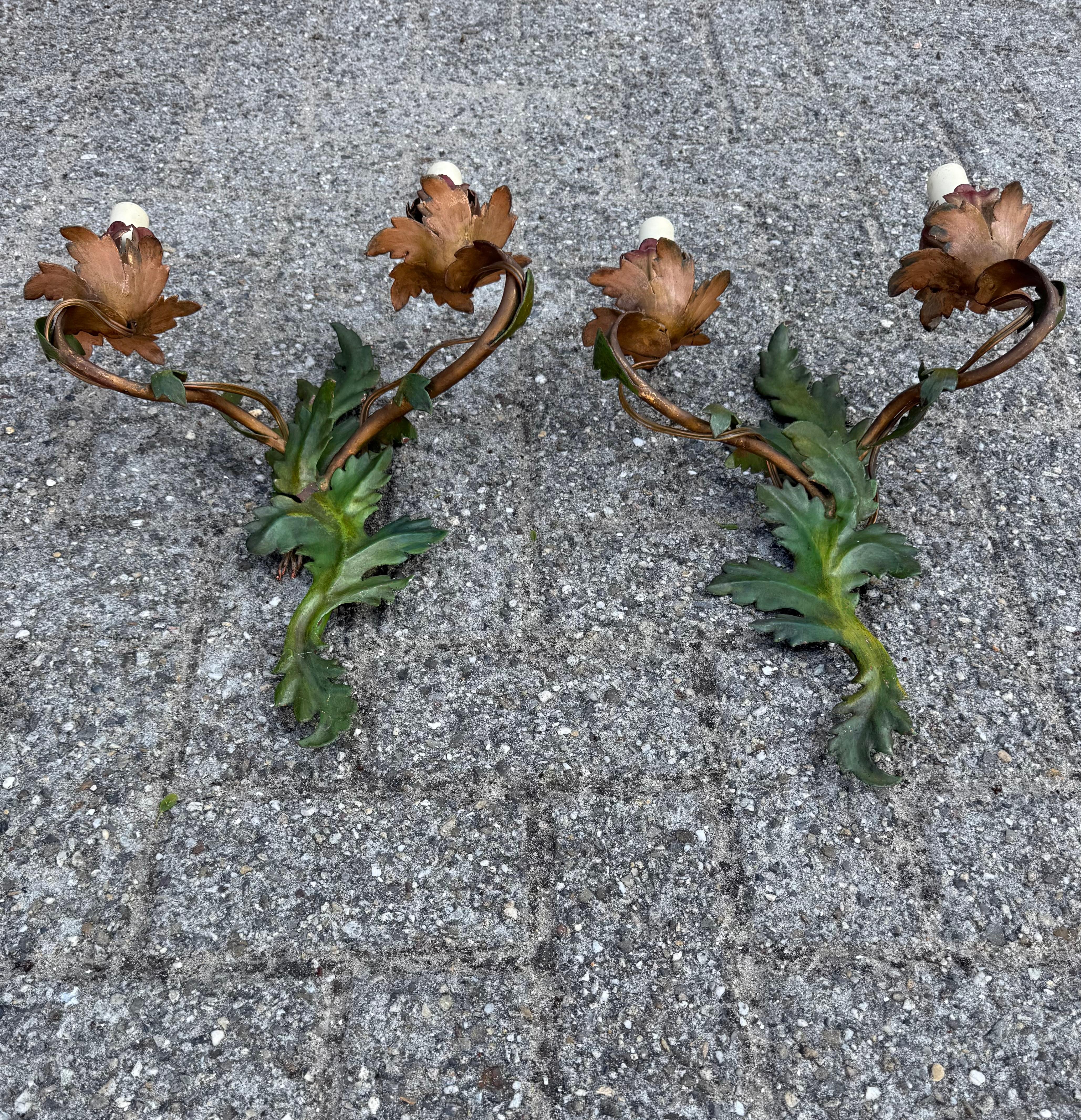 Pair of Handcrafted Italian Tole Wall Sconces with Floral and Leaf Motif For Sale 6
