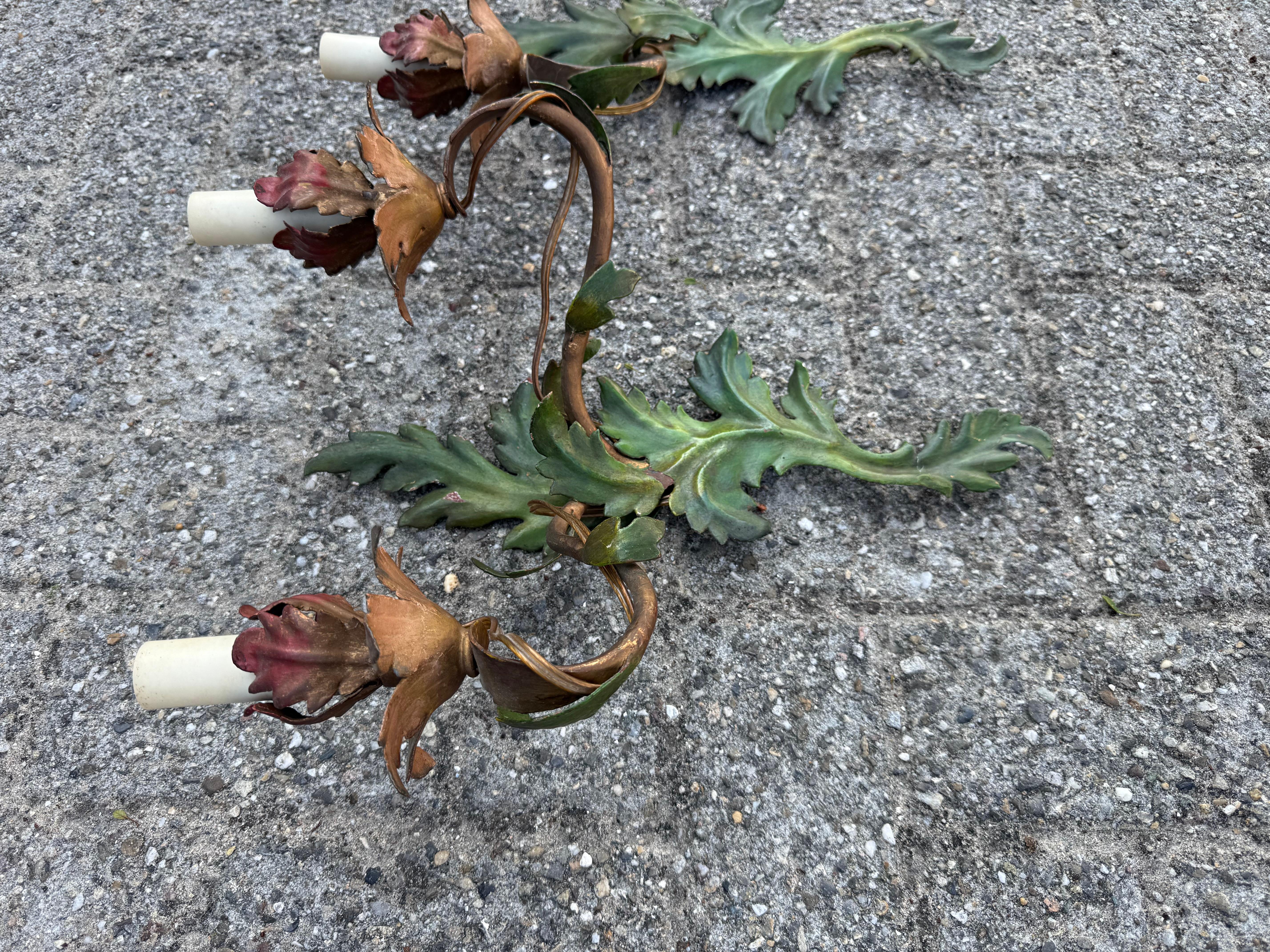 Pair of Handcrafted Italian Tole Wall Sconces with Floral and Leaf Motif For Sale 7