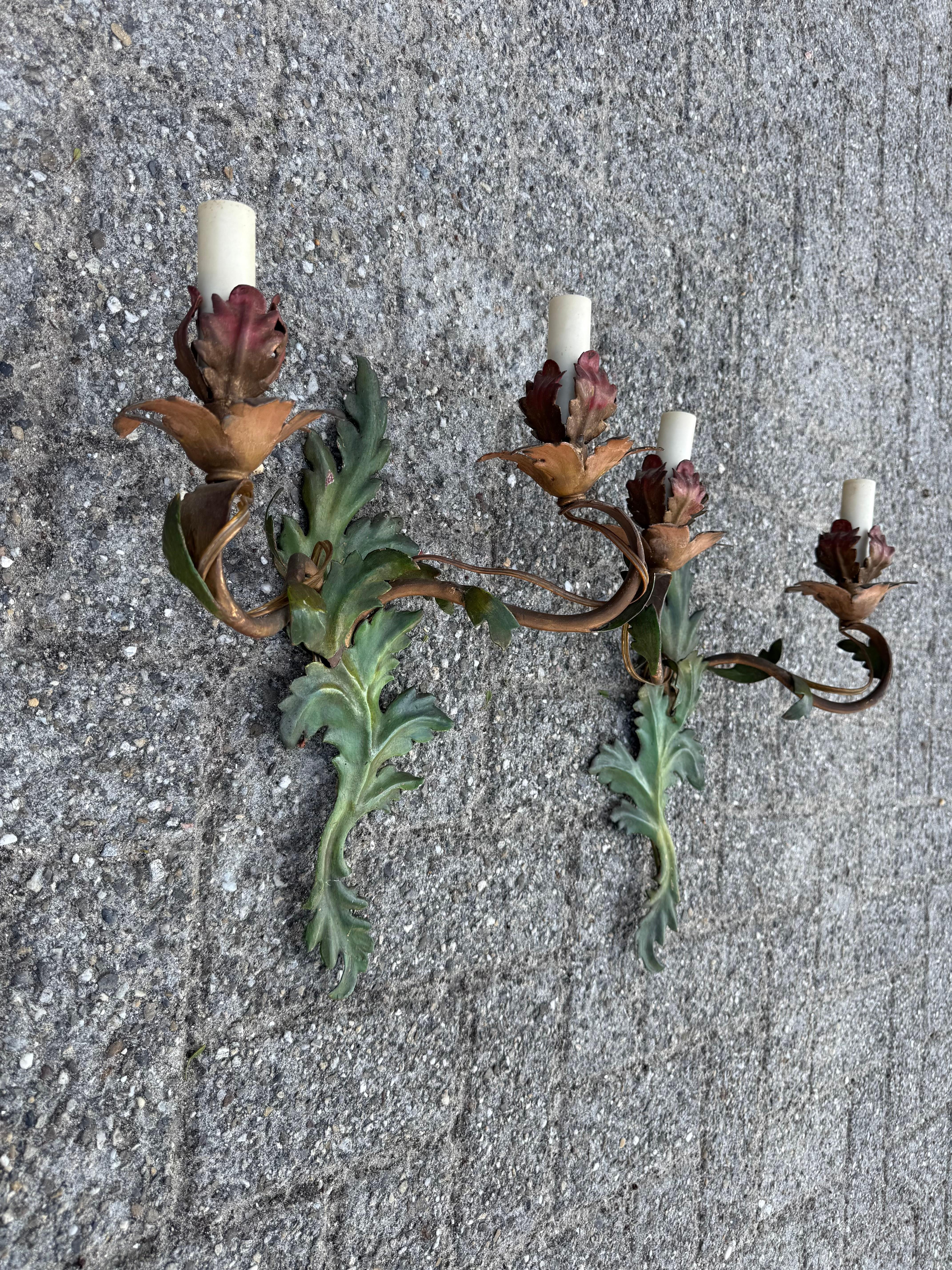 Pair of Handcrafted Italian Tole Wall Sconces with Floral and Leaf Motif For Sale 8