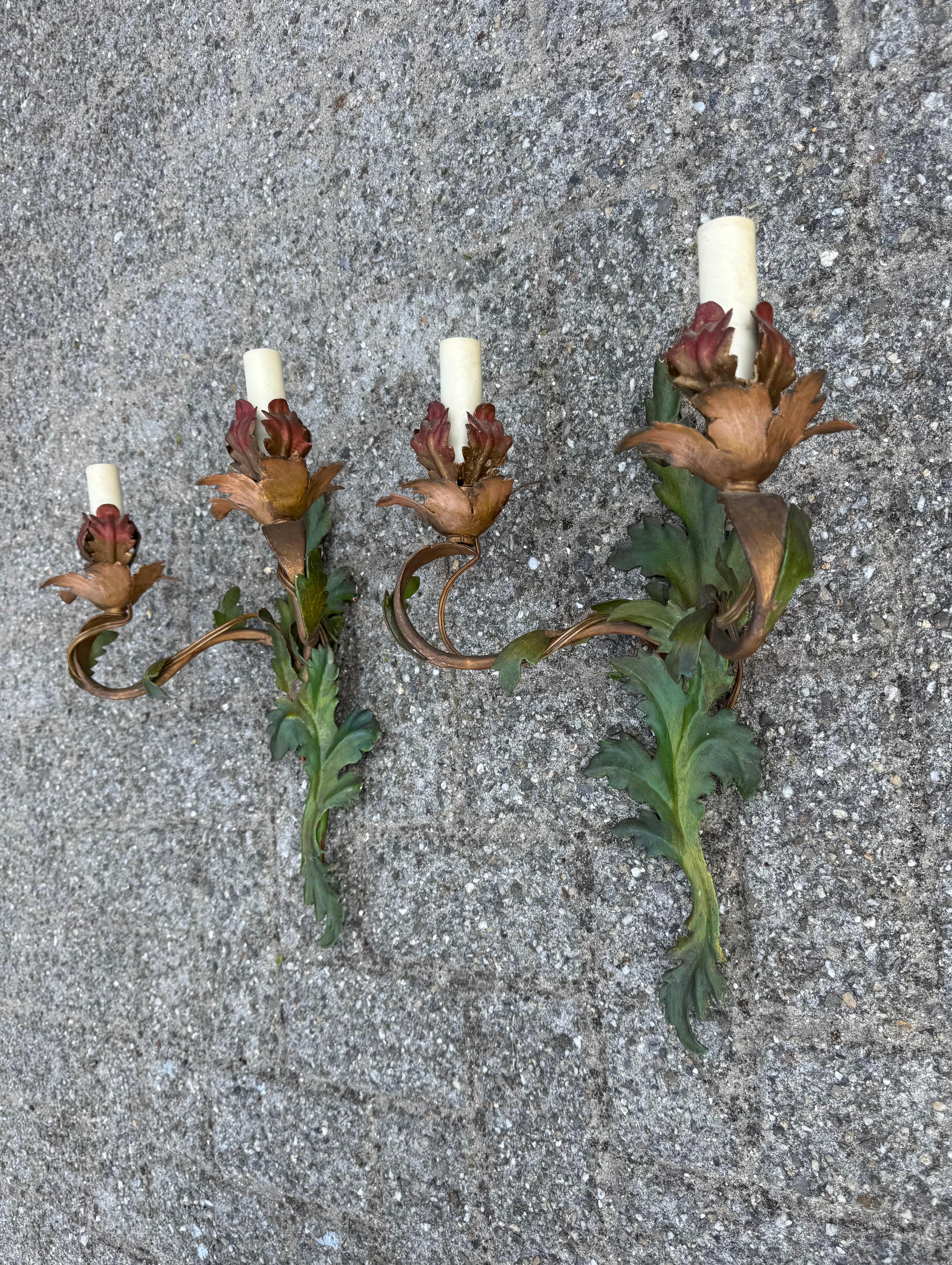 Pair of Handcrafted Italian Tole Wall Sconces with Floral and Leaf Motif For Sale 9