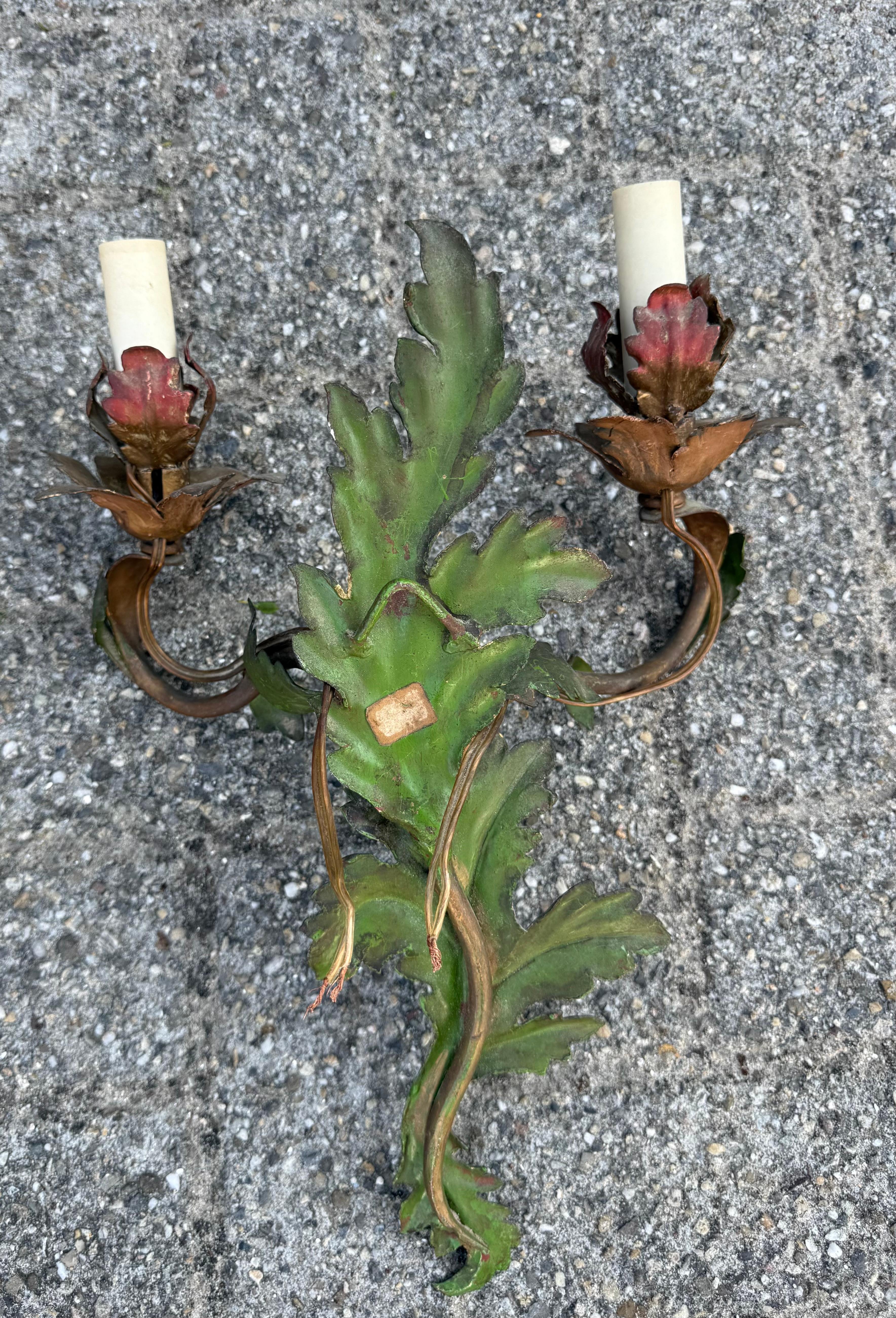 Pair of Handcrafted Italian Tole Wall Sconces with Floral and Leaf Motif For Sale 14
