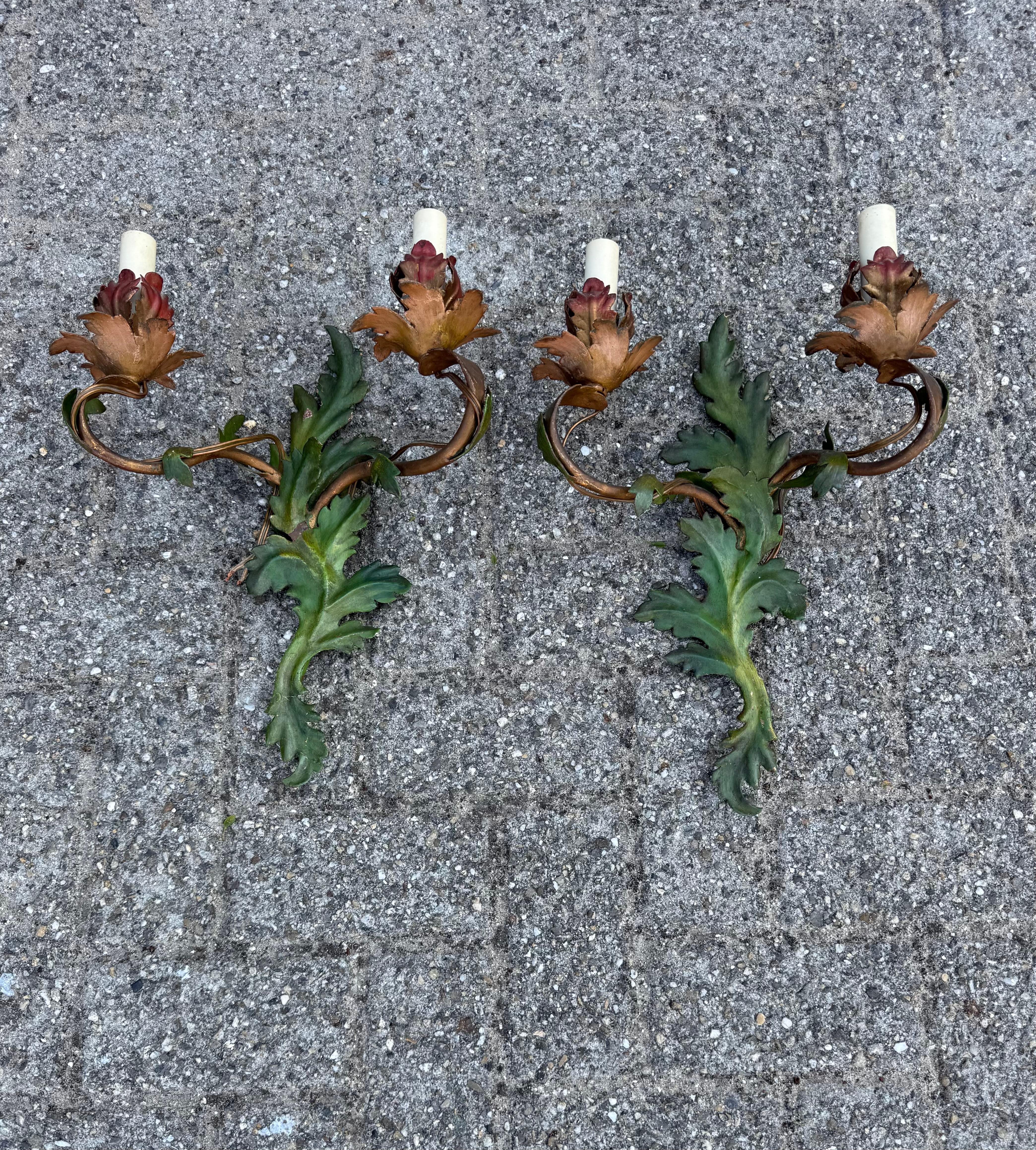 Forged Pair of Handcrafted Italian Tole Wall Sconces with Floral and Leaf Motif For Sale