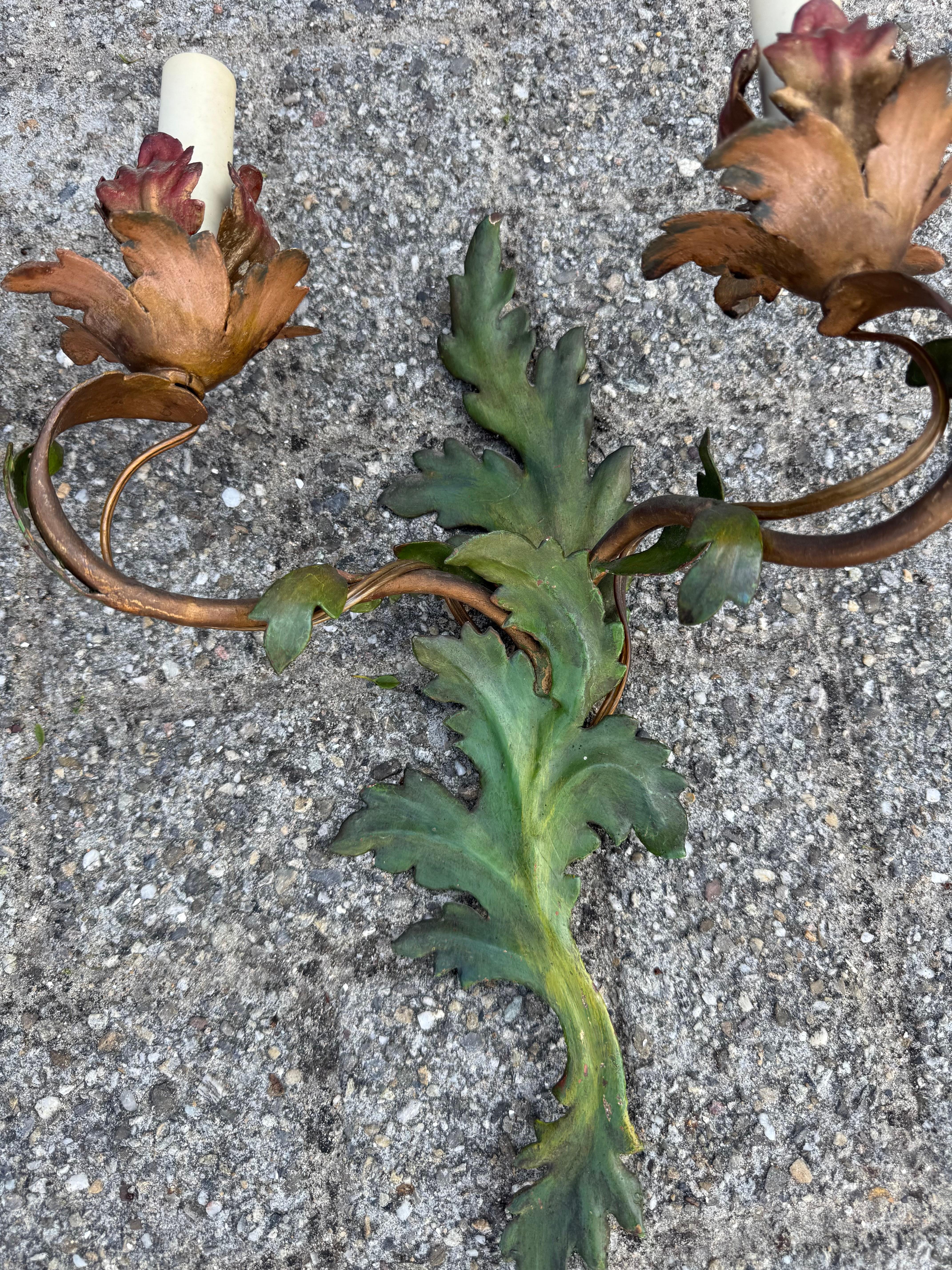 Pair of Handcrafted Italian Tole Wall Sconces with Floral and Leaf Motif For Sale 3