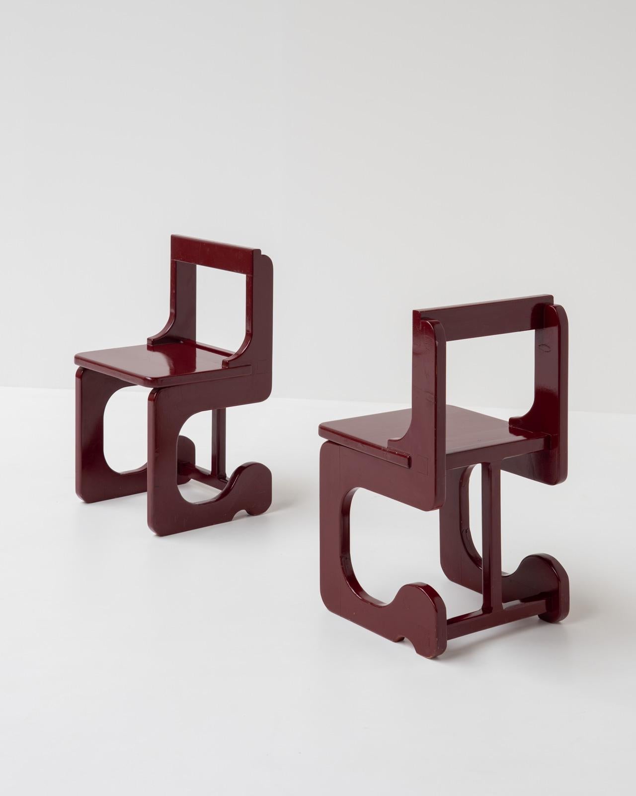 Wood Pair of Handcrafted Maroon Chairs, Italy, 1970s