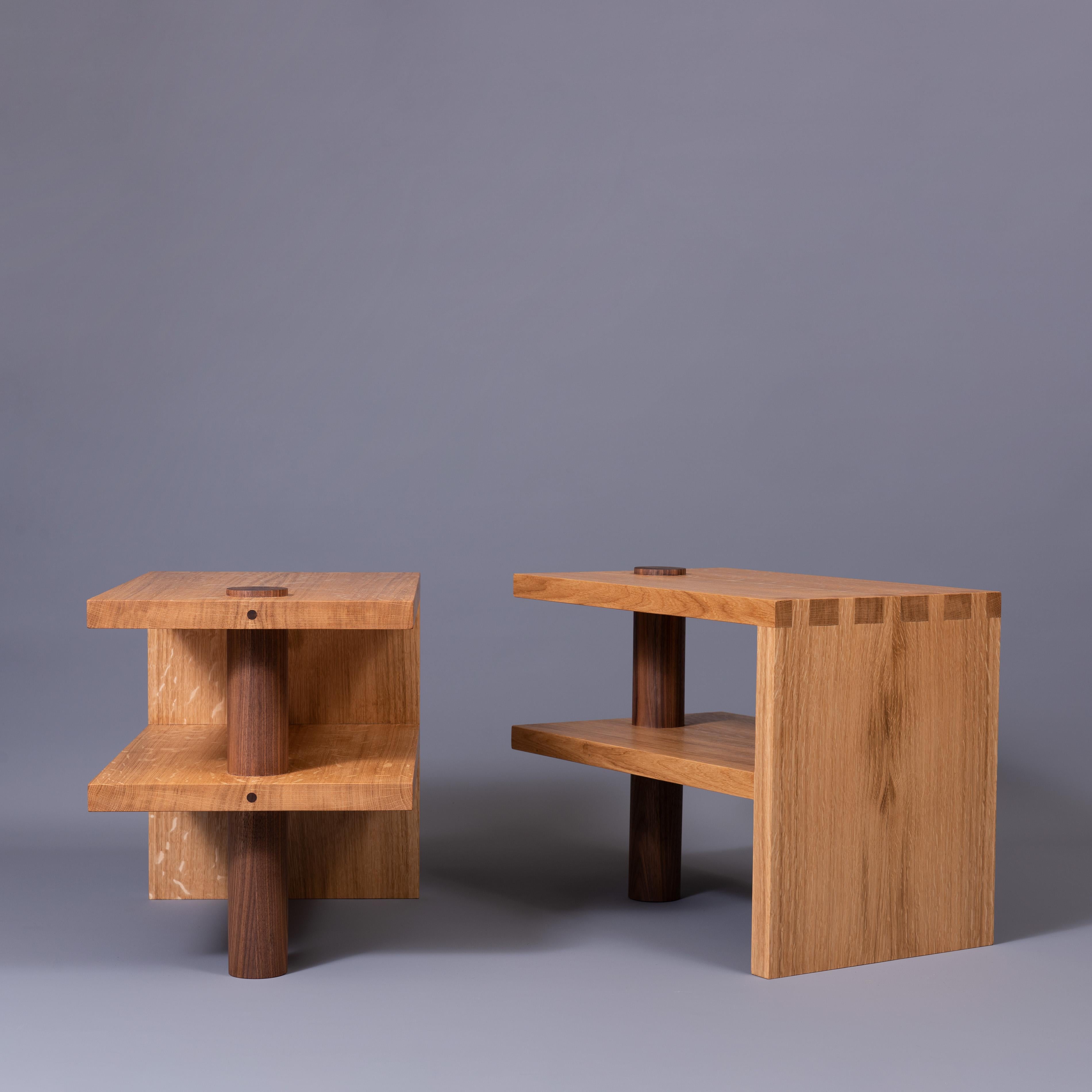 An alternative version of our Architectural Post-Modern oak & walnut pillar table nightstands. Designed and handcrafted in England using traditional furniture and cabinetry techniques from fully quarter-sawn English Oak and American Black Walnut.
