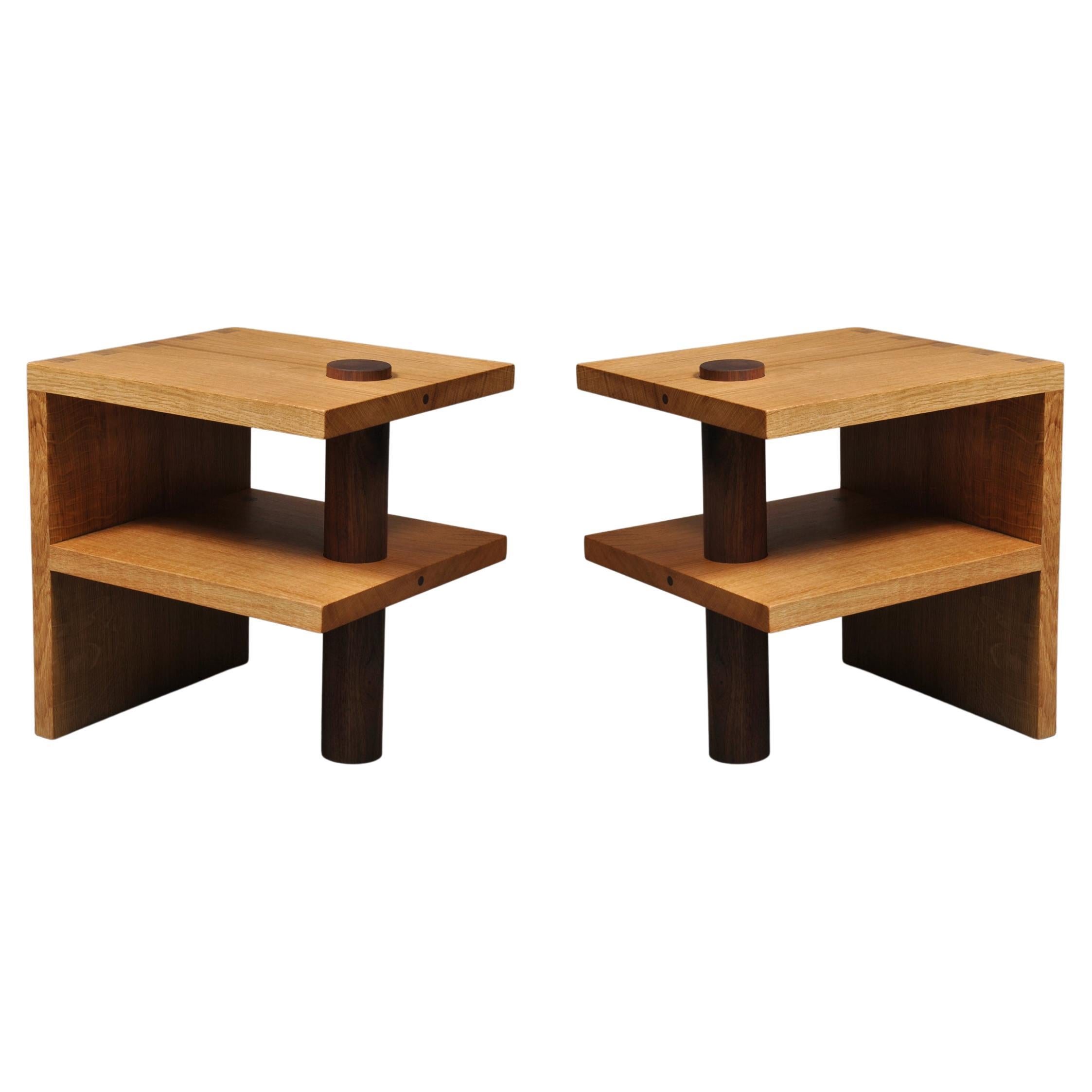 Pair of Handcrafted Oak & Walnut Tables For Sale
