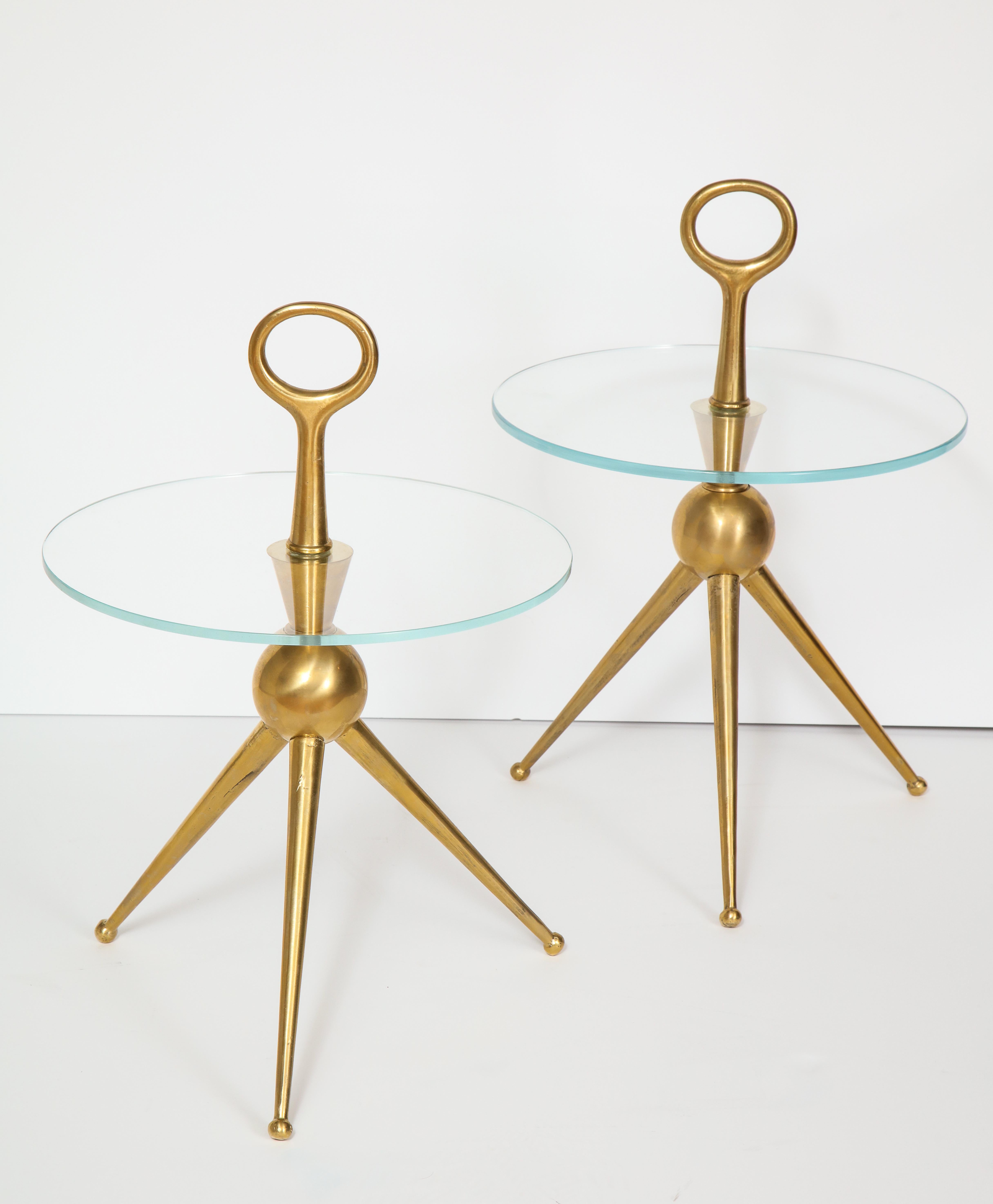 Mid-Century Modern Pair of Handcrafted Solid Bronze and Glass Tripod Martini Side Tables, Italy