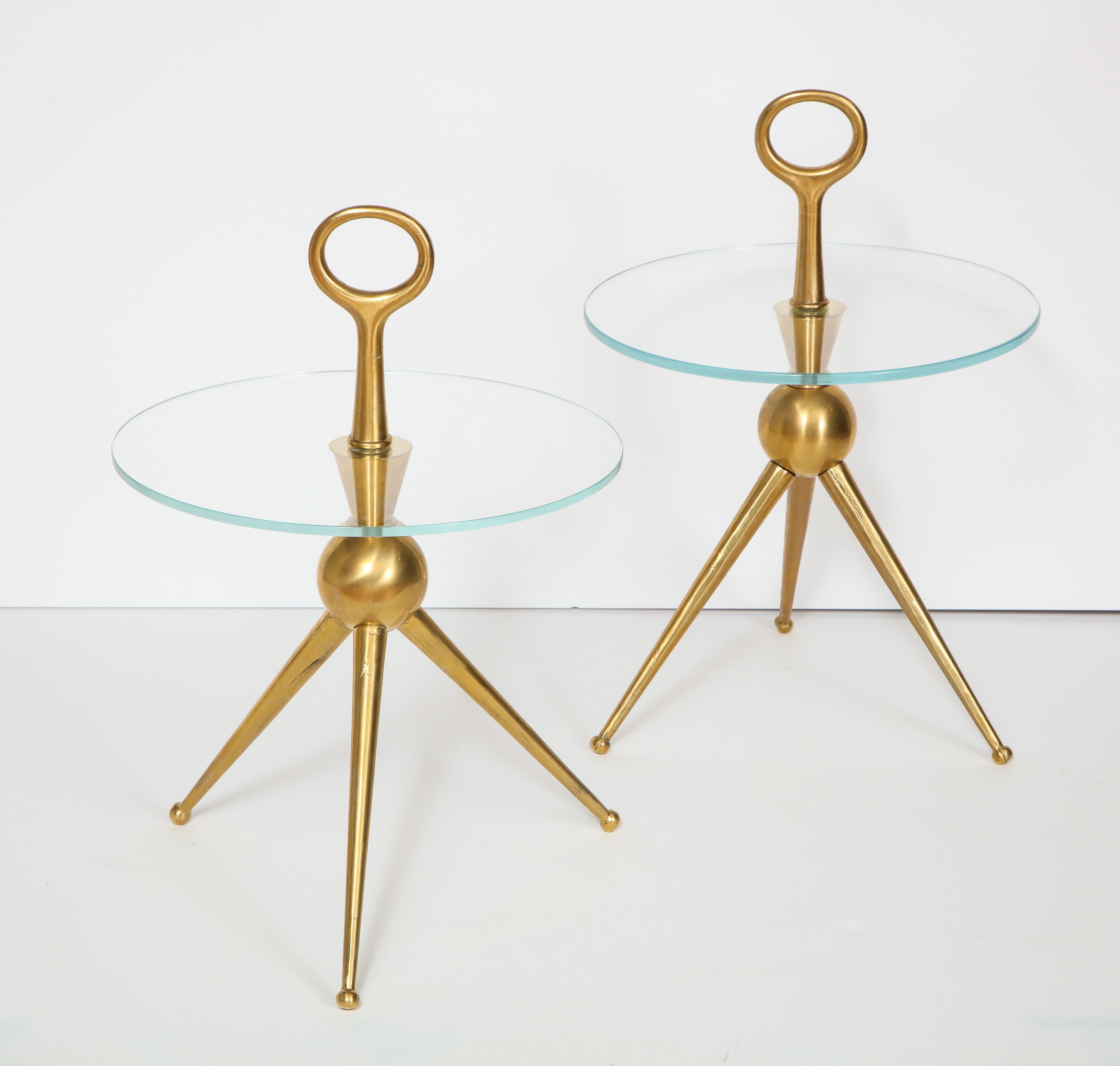 Italian Pair of Handcrafted Solid Bronze and Glass Tripod Martini Side Tables, Italy
