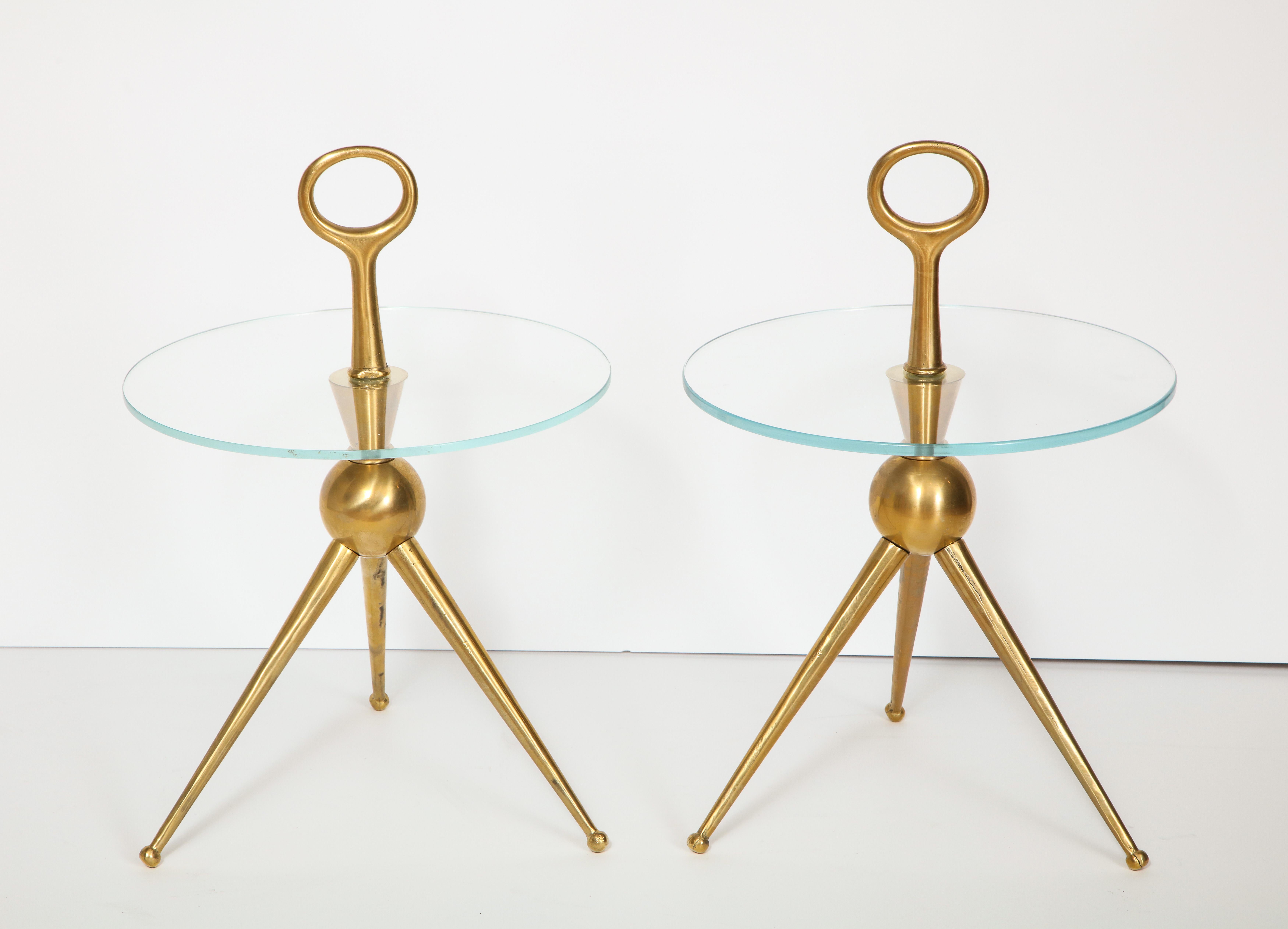 Pair of Handcrafted Solid Bronze and Glass Tripod Martini Side Tables, Italy 2