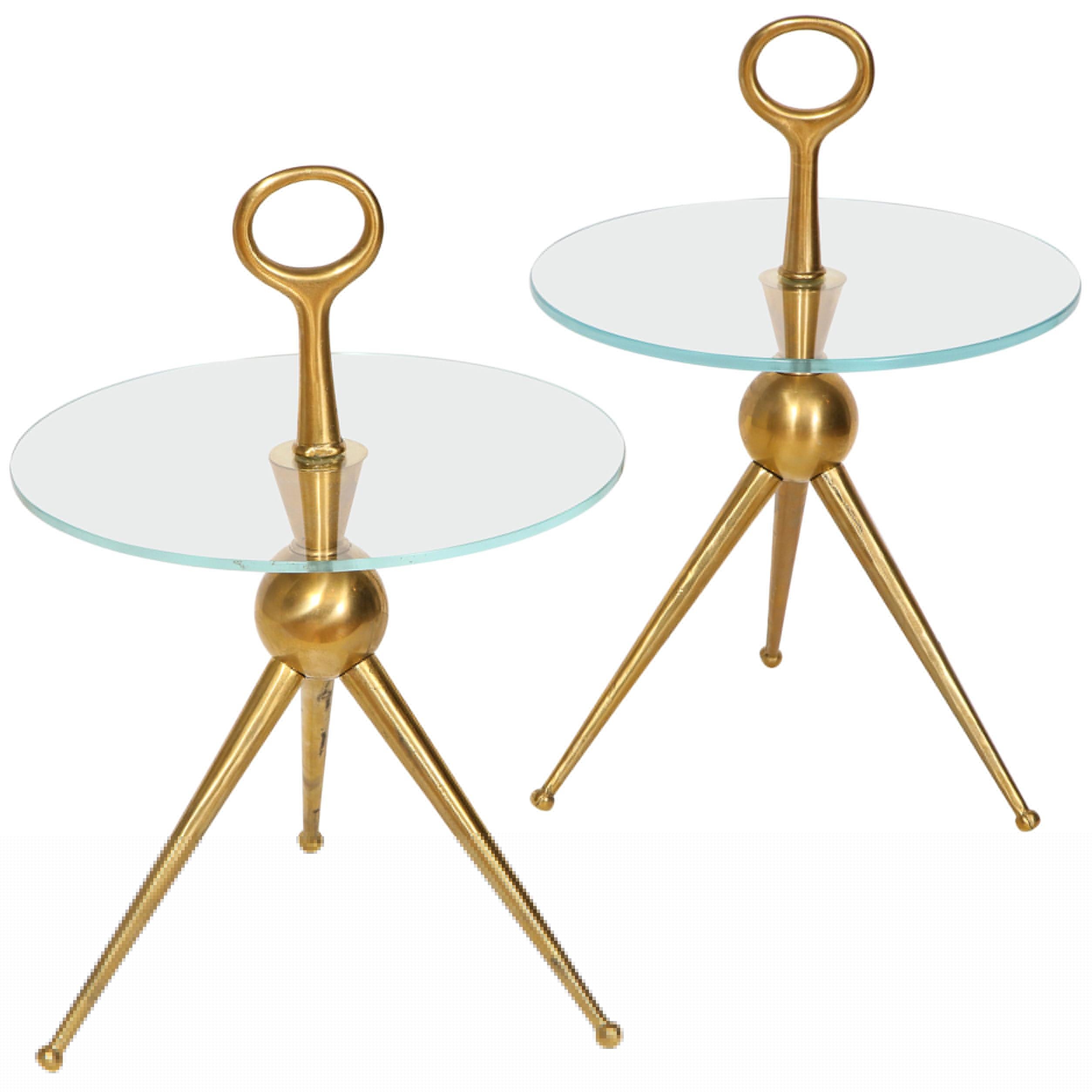 Pair of Handcrafted Solid Bronze and Glass Tripod Martini Side Tables, Italy