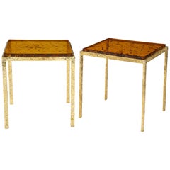 Pair of Handcrafted Textured Brass and Gold Fractal Resin Top Side Tables, Italy
