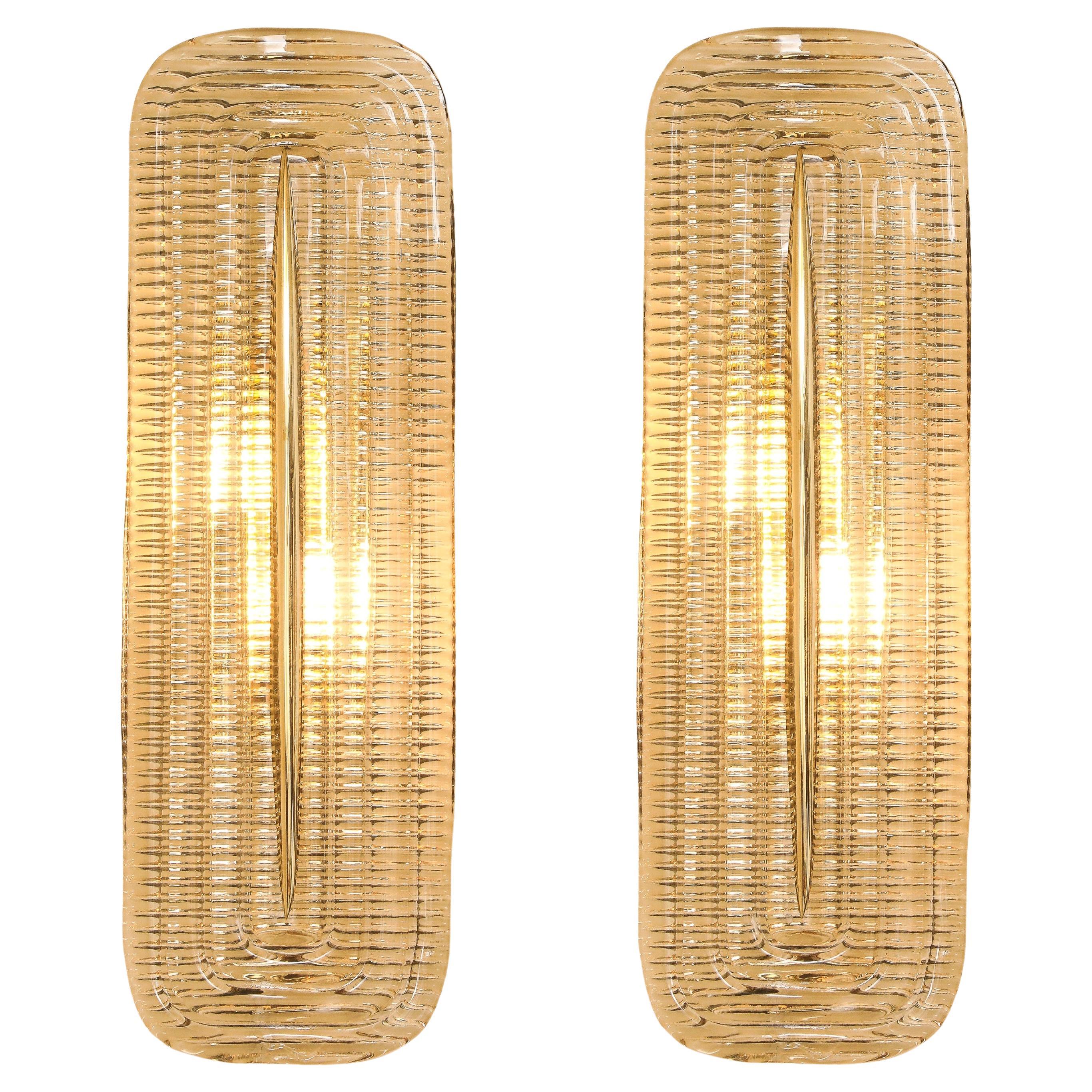 Pair of Handcrafted Textured Clear Murano Glass and Brass Sconces, Italy