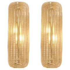 Pair of Handcrafted Textured Clear Murano Glass and Brass Sconces, Italy