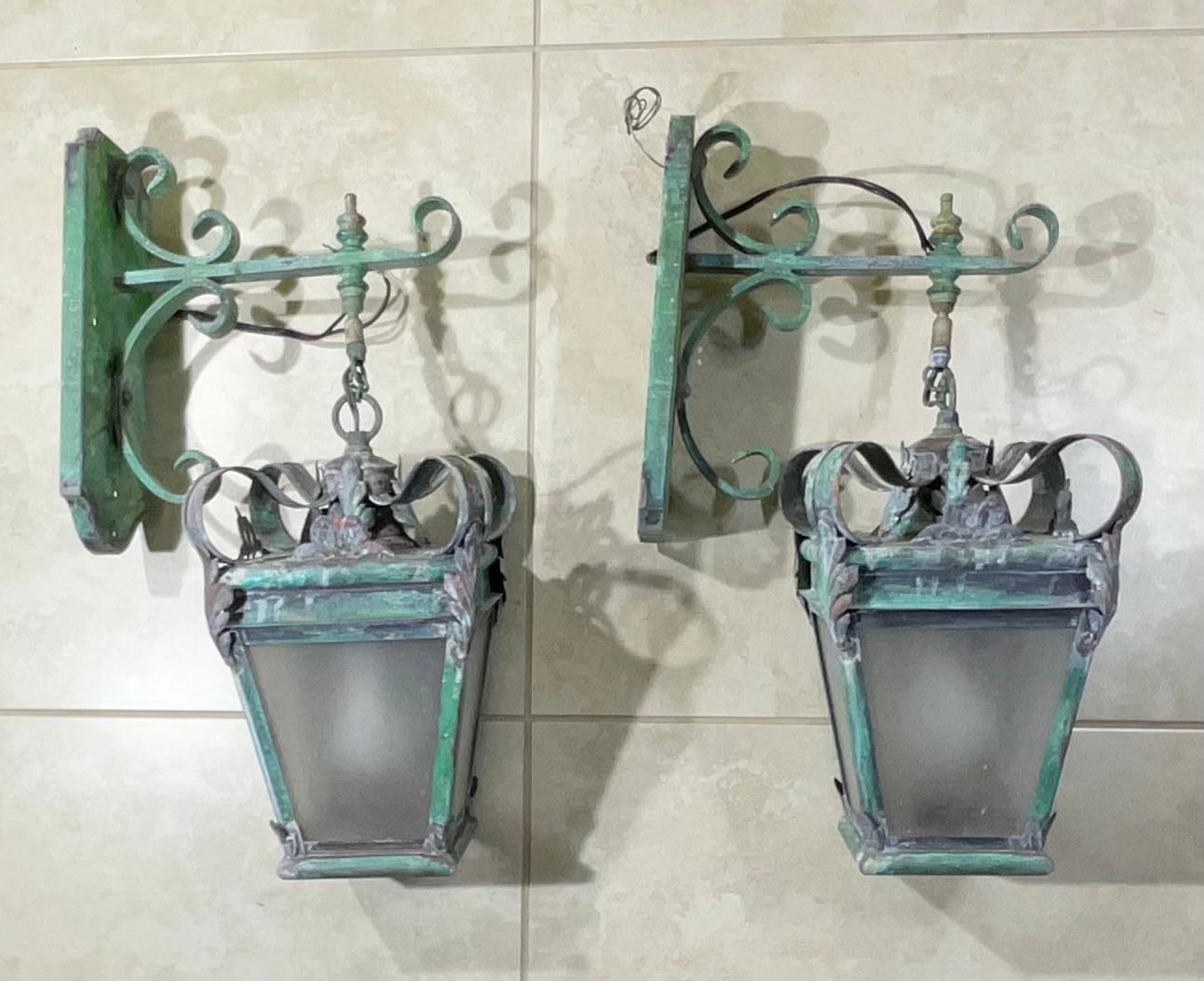 Pair of Handcrafted Wall-Mounted Brass Lantern In Good Condition In Delray Beach, FL