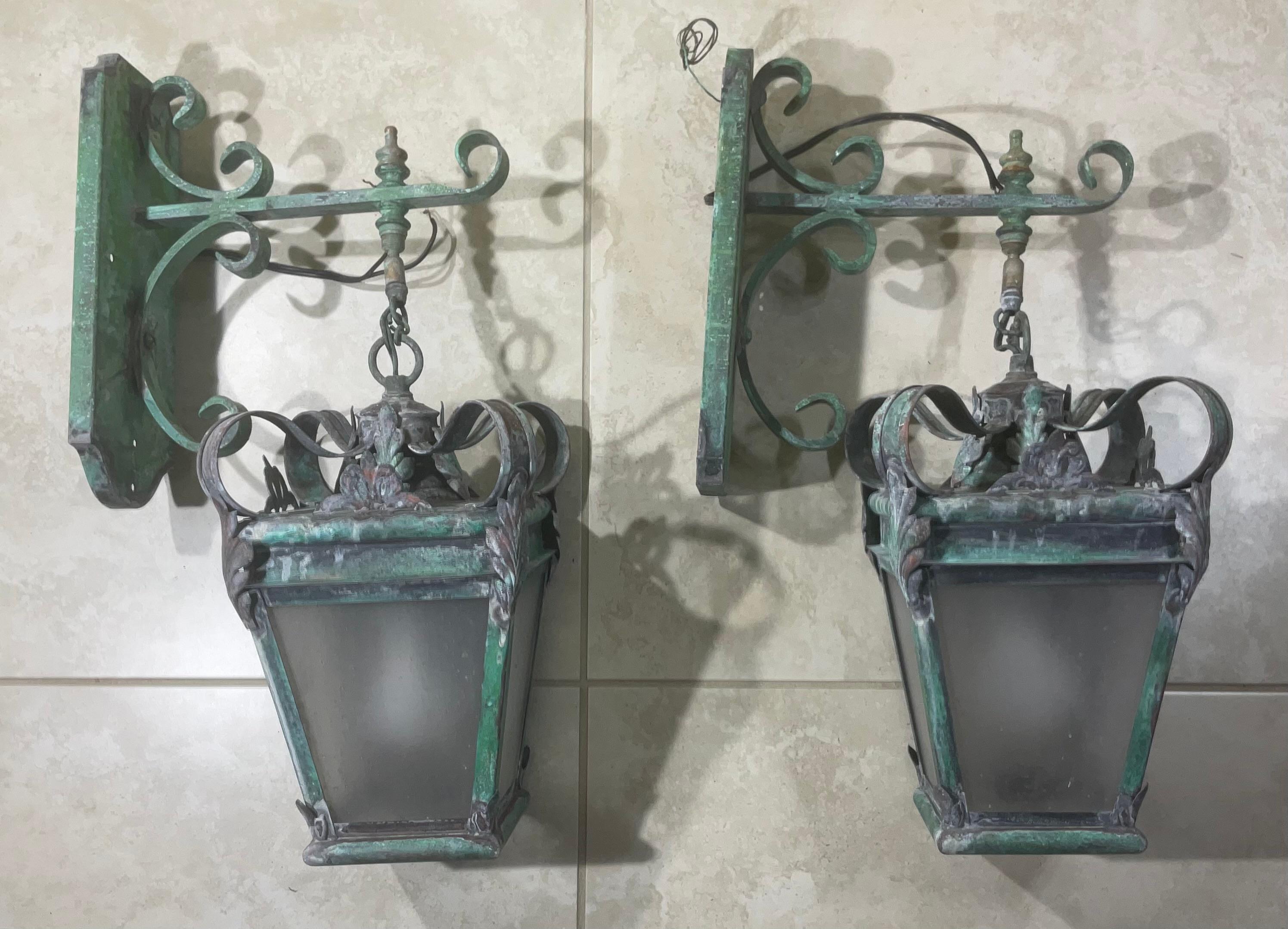 20th Century Pair of Handcrafted Wall-Mounted Brass Lantern