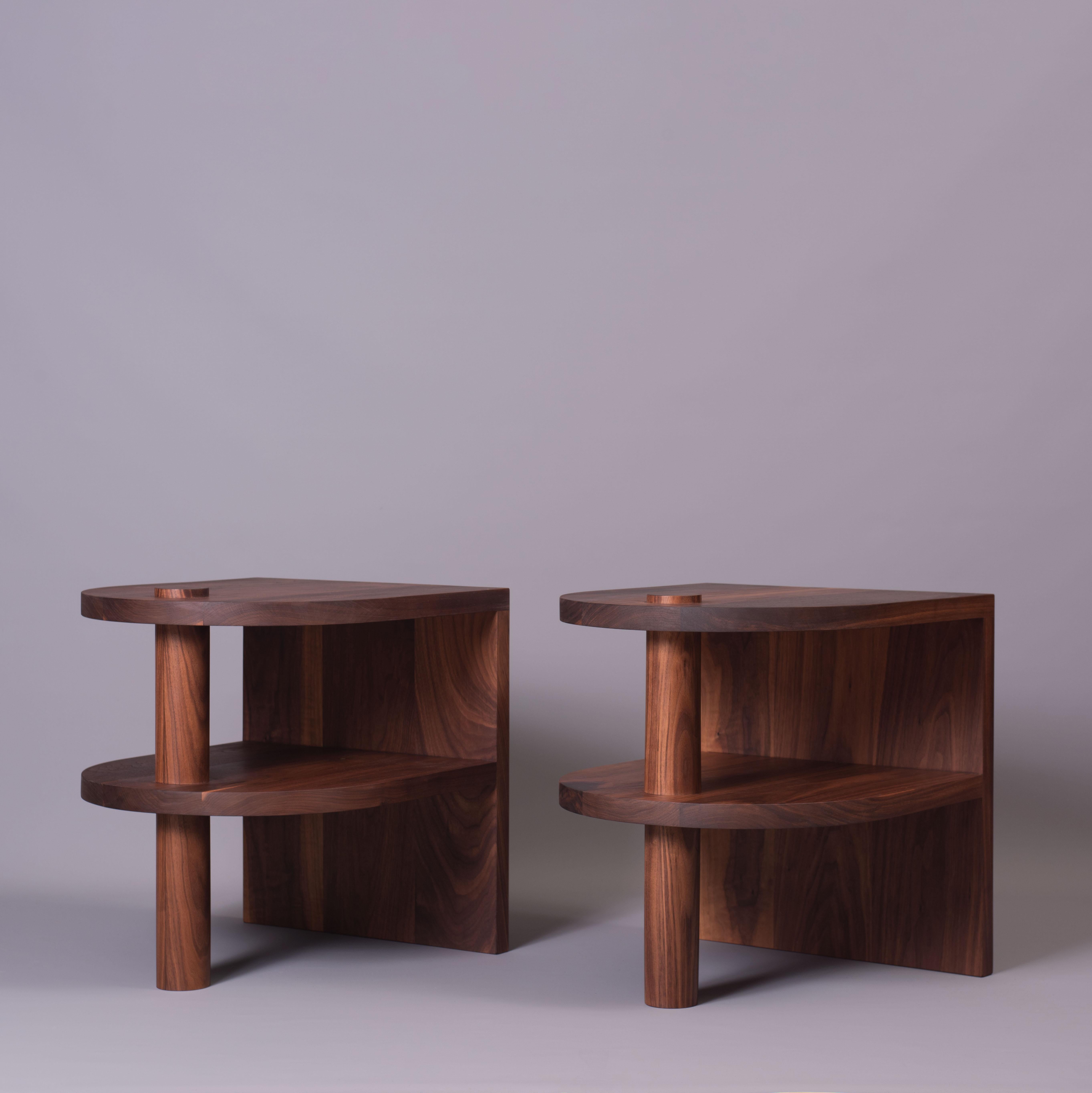 A Larger version of our architectural postmodern American black walnut pillar nightstands / end tables. Design and handcrafted in England using traditional woodwork techniques with the very finest black walnut. Hand-cut large dovetail jointing with