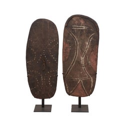 Antique Pair of Mendi Carved-Wood War Shields from Papua New Guinea on Custom Stands