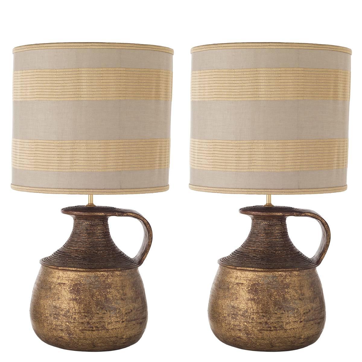 Pair of Handle Vase-Shaped Terracotta Table Lamps For Sale