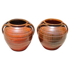 Pair of Handled Orange, Charcoal Stoneware Planters