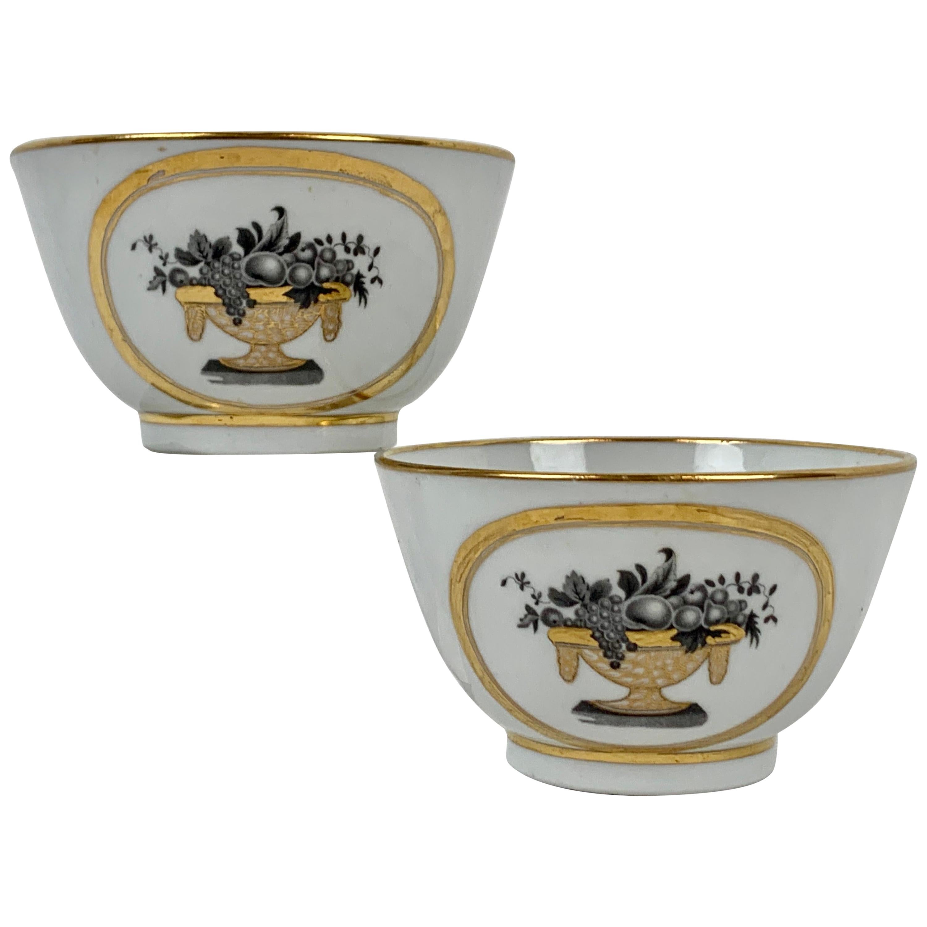New Hall Porcelain Co. Handleless Porcelain Tea Bowls En Grisaille-A Pair 