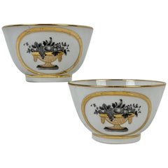 A Pair of New Hall Porcelain Co. Handleless Porcelain Tea Bowls En Grisaille