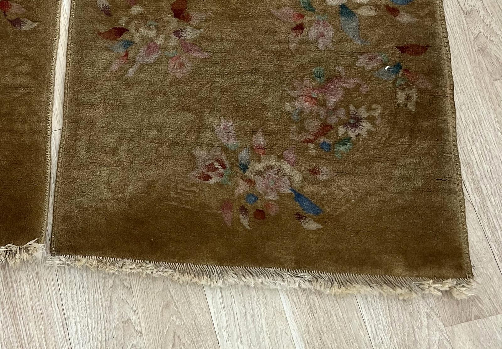 Noué à la main Paire de tapis chinois Art déco anciens faits à la main 2.1' x 4,1' 1920s - 2B60 en vente