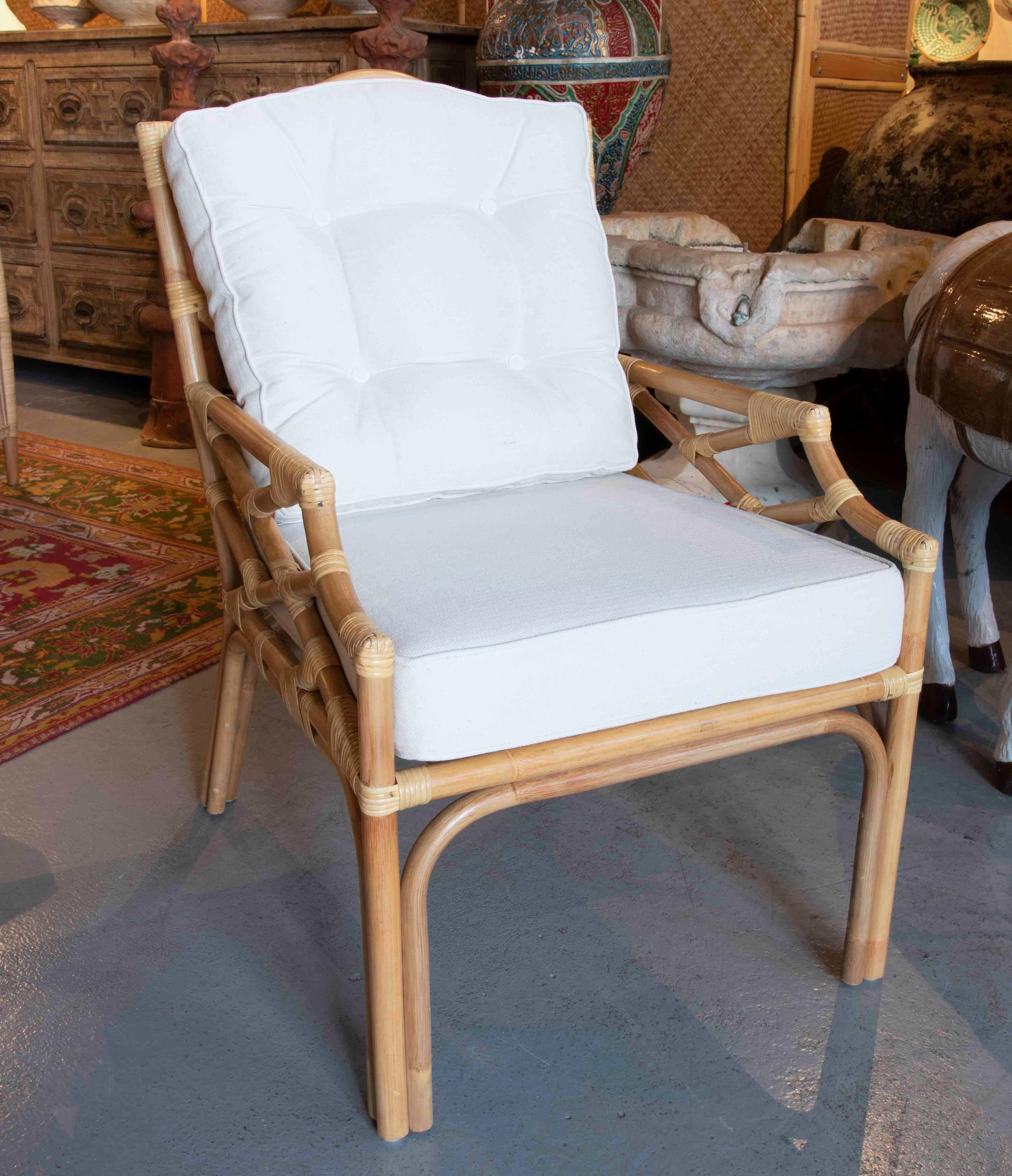European Pair of Handmade Bamboo Armchairs with Beige Cushions For Sale