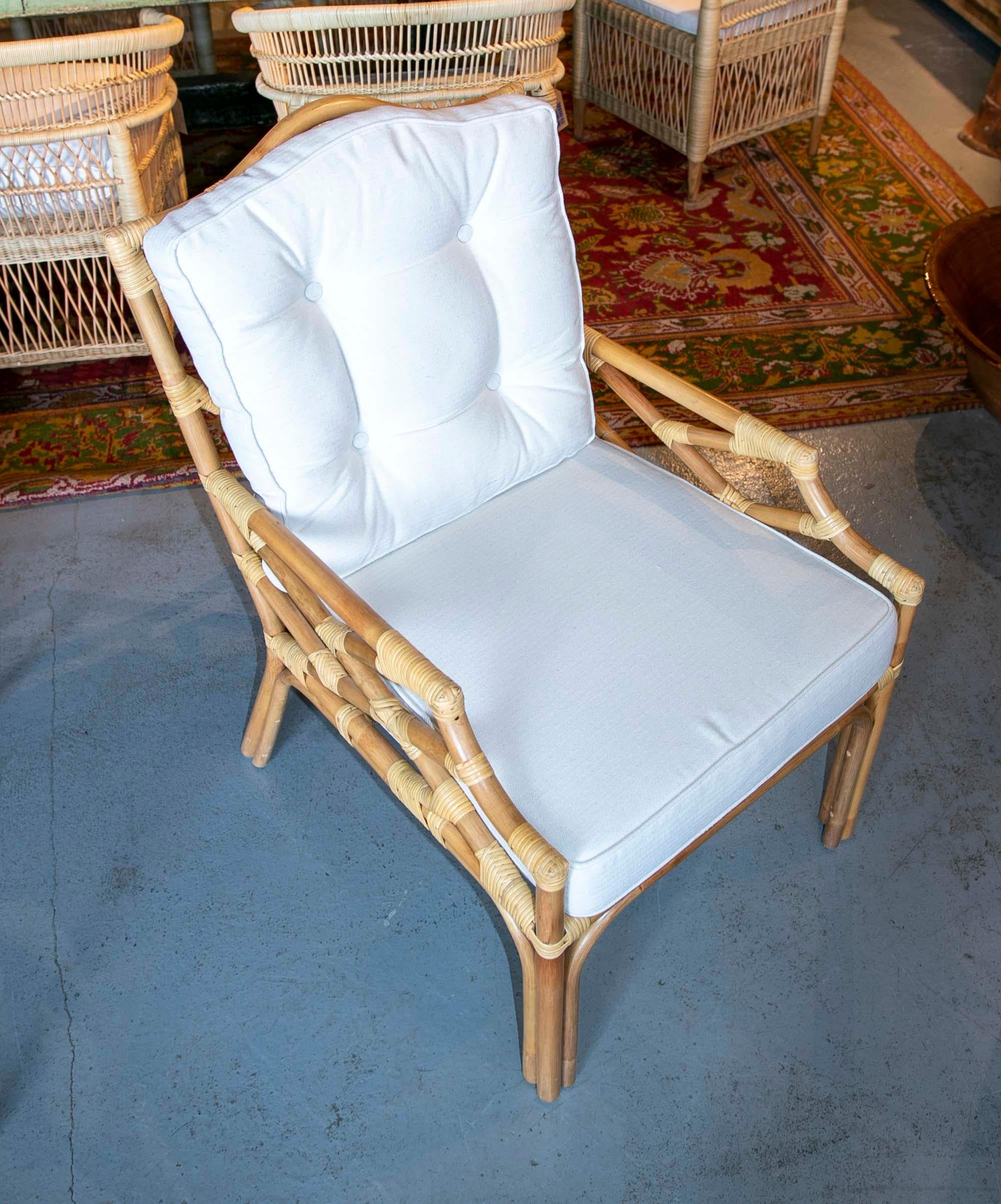 Contemporary Pair of Handmade Bamboo Armchairs with Beige Cushions For Sale