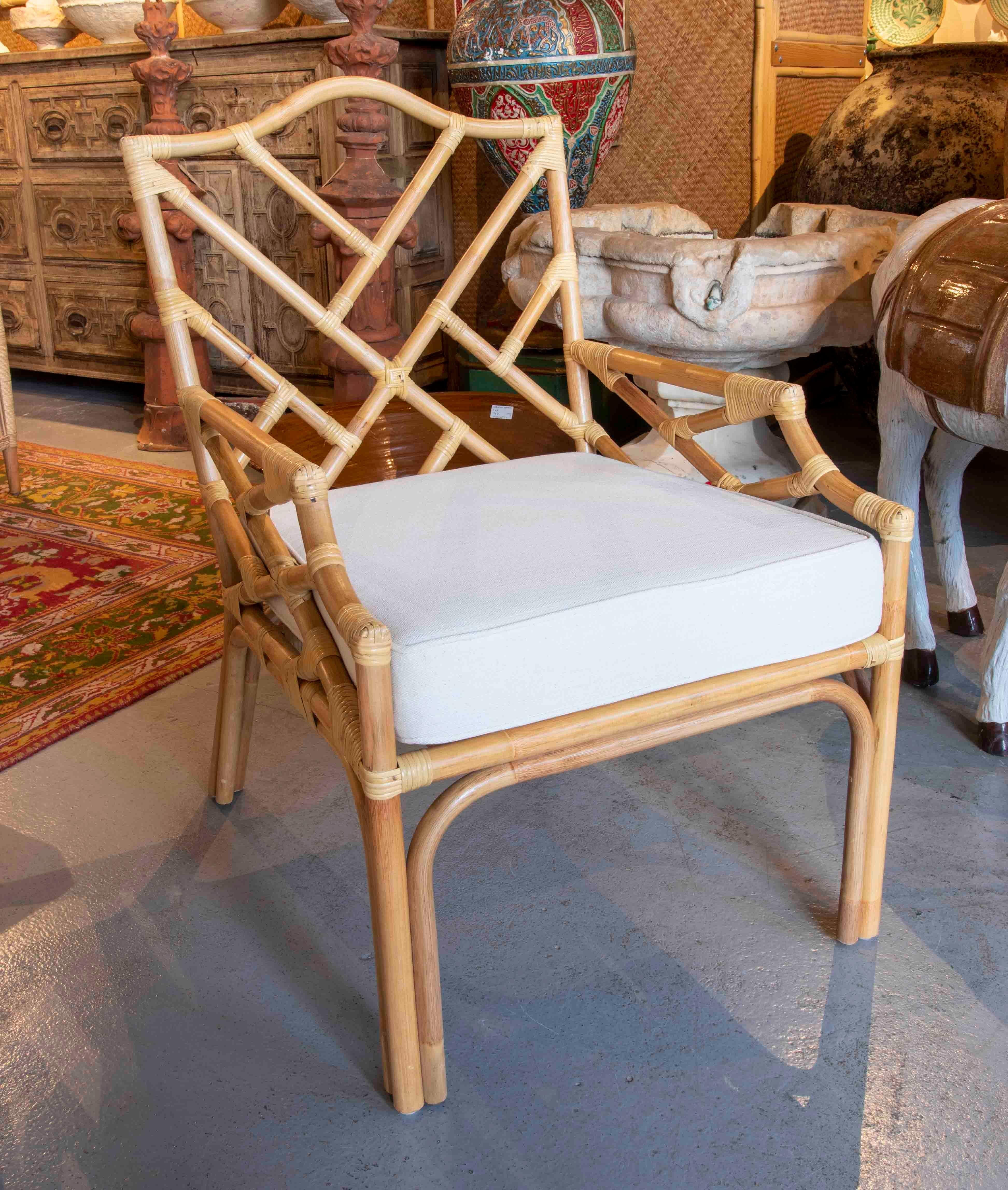 Wicker Pair of Handmade Bamboo Armchairs with Beige Cushions For Sale