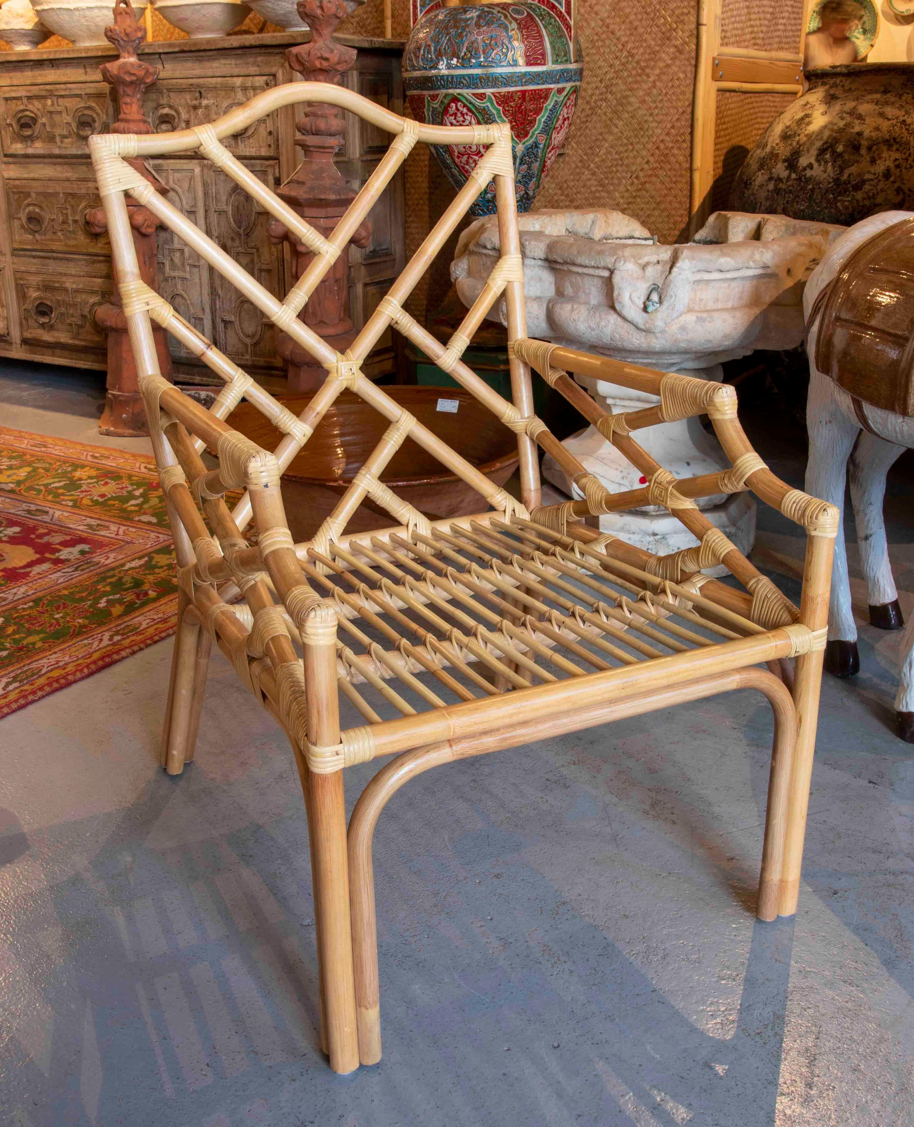 Pair of Handmade Bamboo Armchairs with Beige Cushions For Sale 1