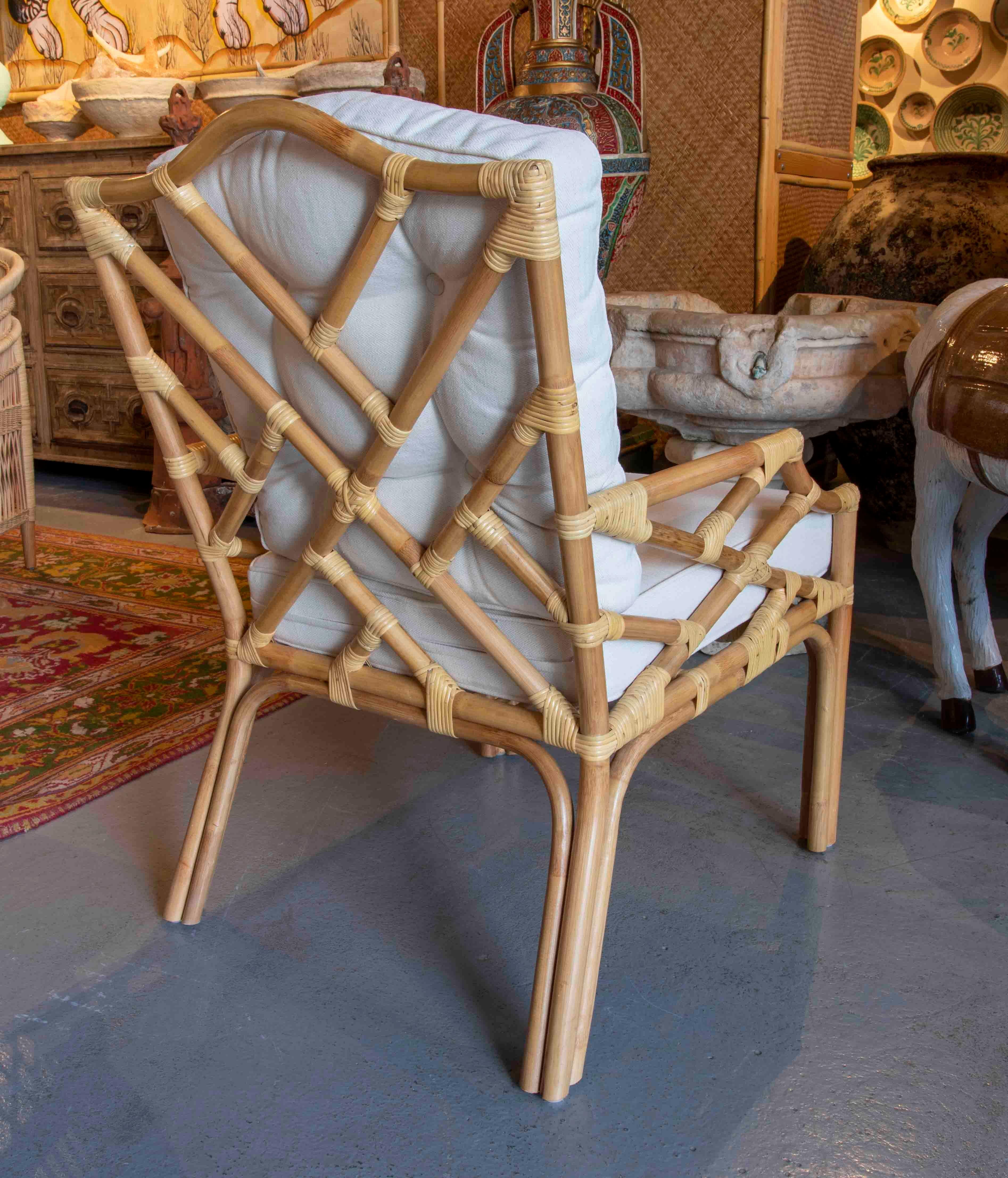 Pair of Handmade Bamboo Armchairs with Beige Cushions For Sale 2