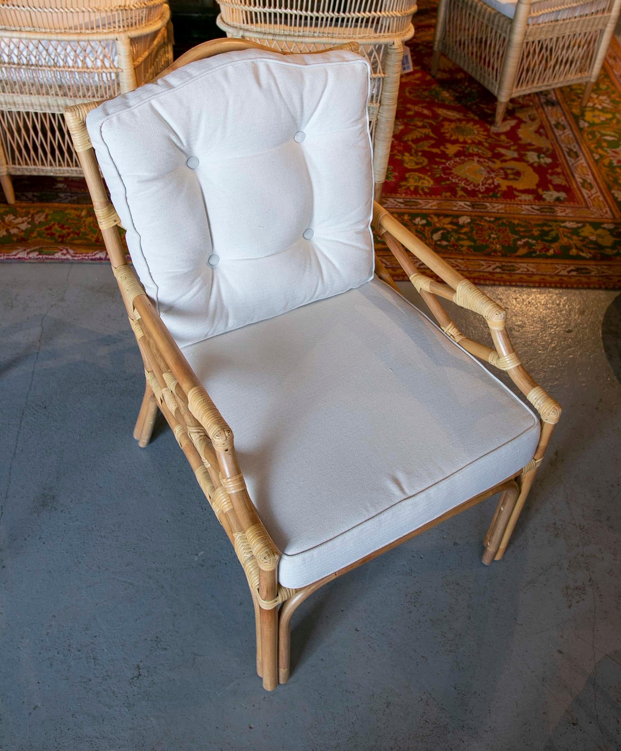 Pair of Handmade Bamboo Armchairs with Beige Cushions For Sale 3