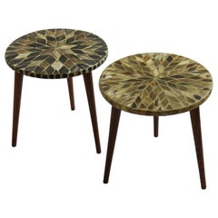 Pair of Handmade Bespoke Mosaic 1960s Vintage Circular Tables Horn Inlaid Tops