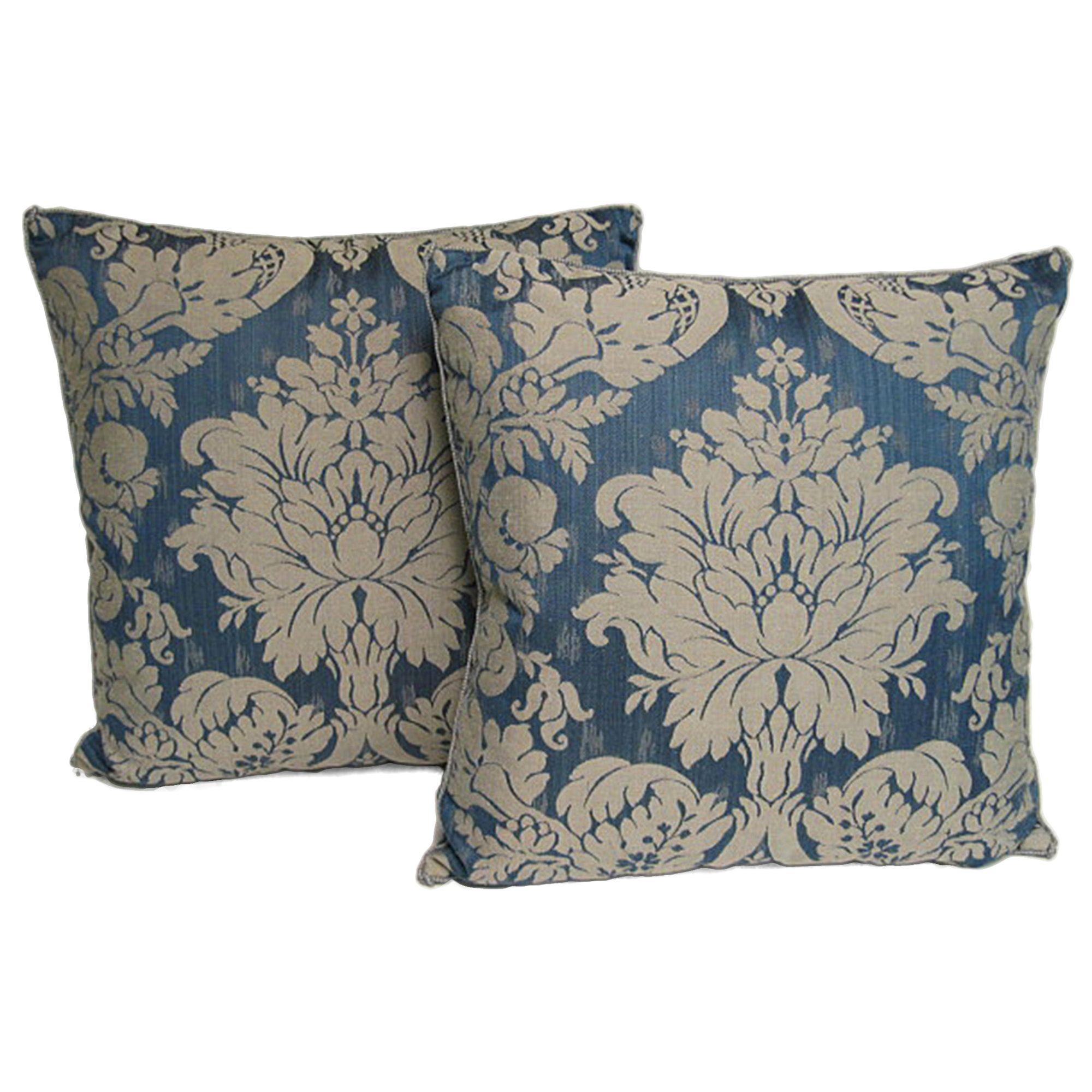 American Pair of Handmade Blue Damask Pillows with a Floral Pattern For Sale