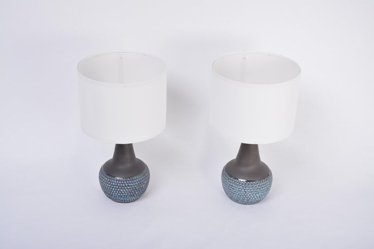 Mid-Century Modern Pair of Handmade Blue Danish Mid-Century Stoneware Lamps by Soholm For Sale