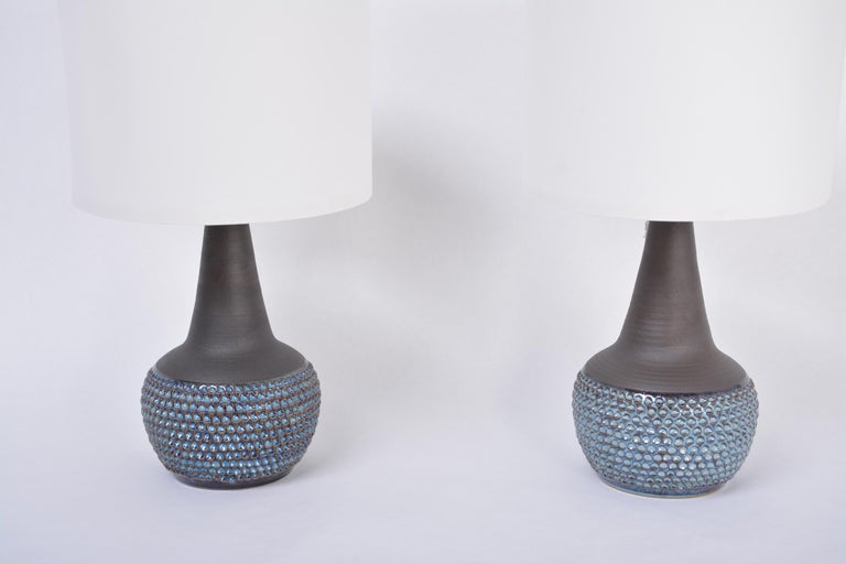 Glazed Pair of Handmade Blue Danish Mid-Century Stoneware Lamps by Soholm For Sale