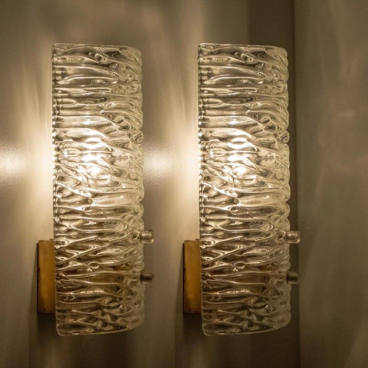 Mid-Century Modern Pair of  Handmade Brass and Glass Wall Lights or Sconces by J.T. Kalmar, Austria For Sale