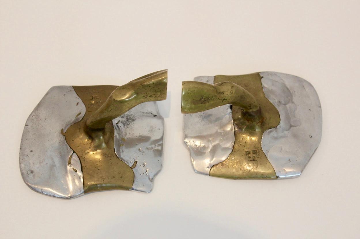 Spanish Pair of Handmade Brutalist David Marshall Bookends in Aluminium and Cast Brass