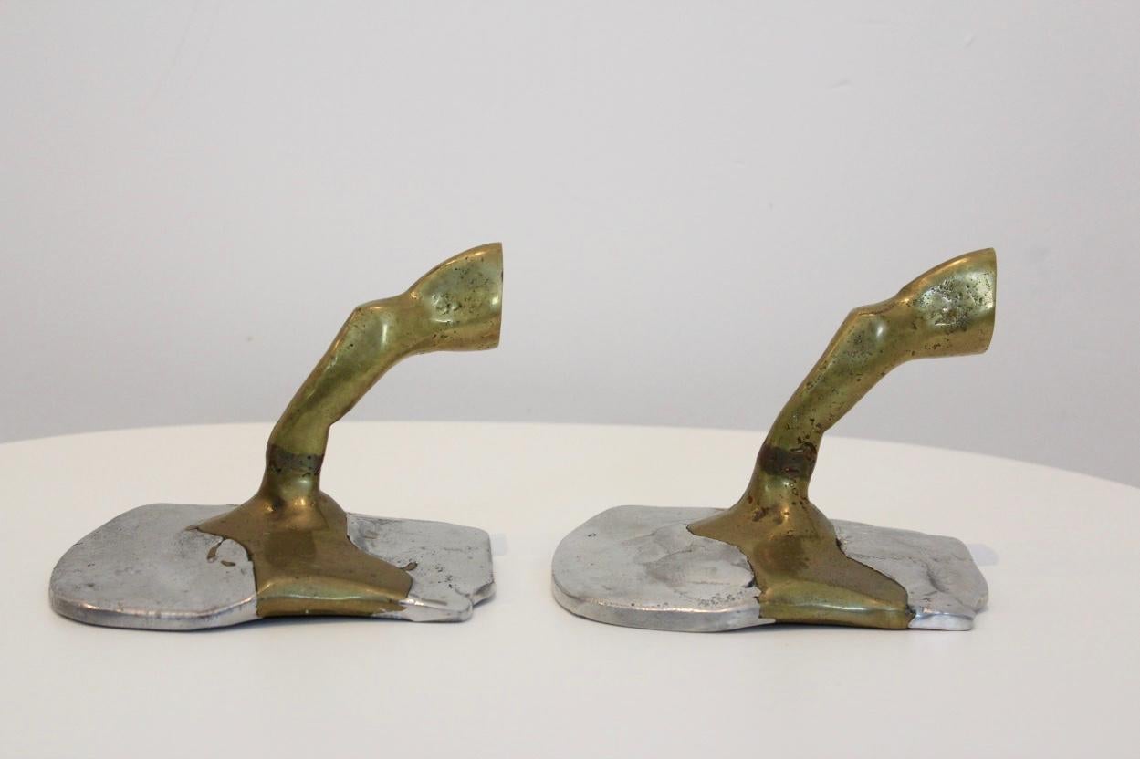 Aluminum Pair of Handmade Brutalist David Marshall Bookends in Aluminium and Cast Brass