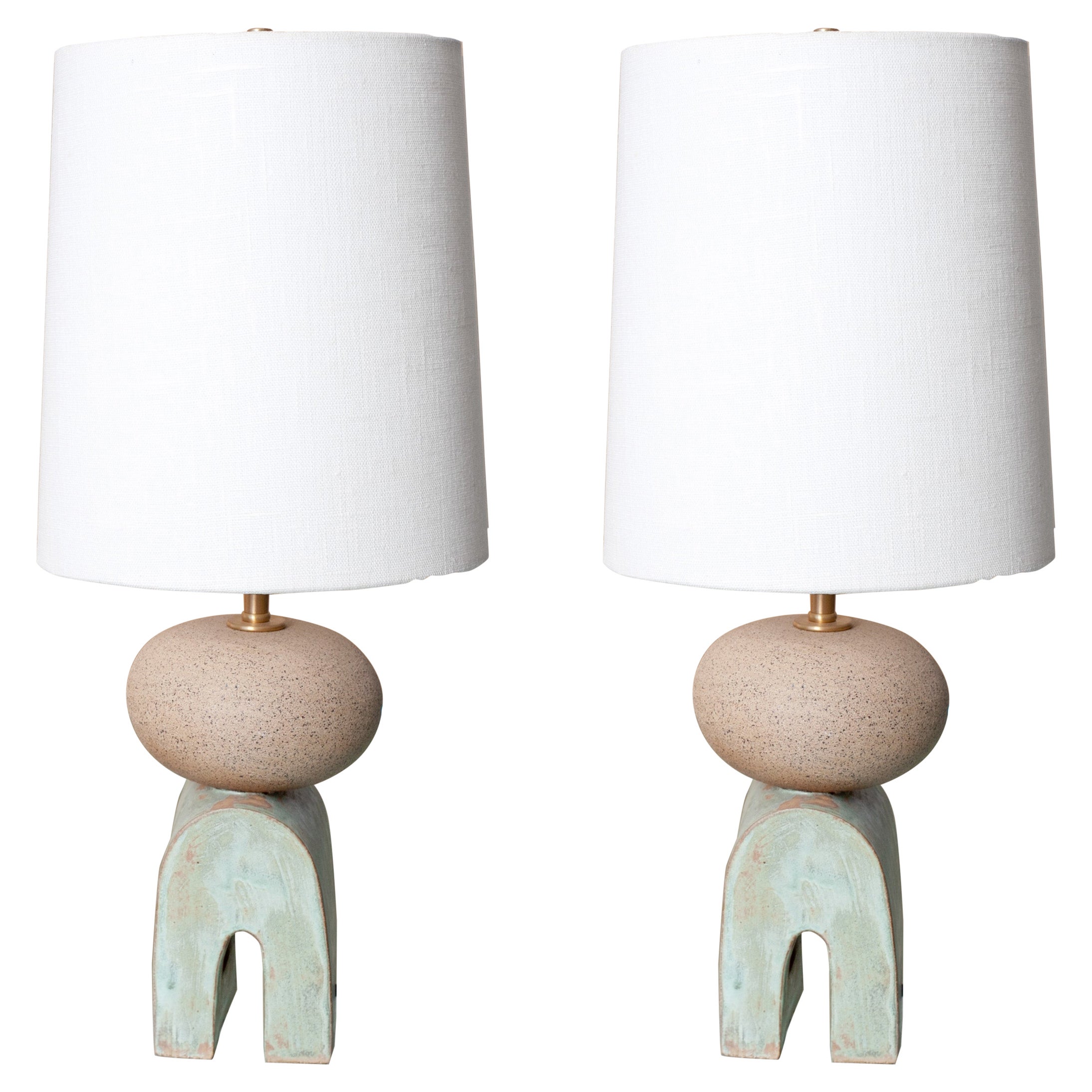 Coppia di mini lampade da tavolo Devos in ceramica fatte a mano - colore marrone e verde