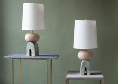 Pair of Handmade Ceramic Mini Devoe Small Table Lamps - tan and green