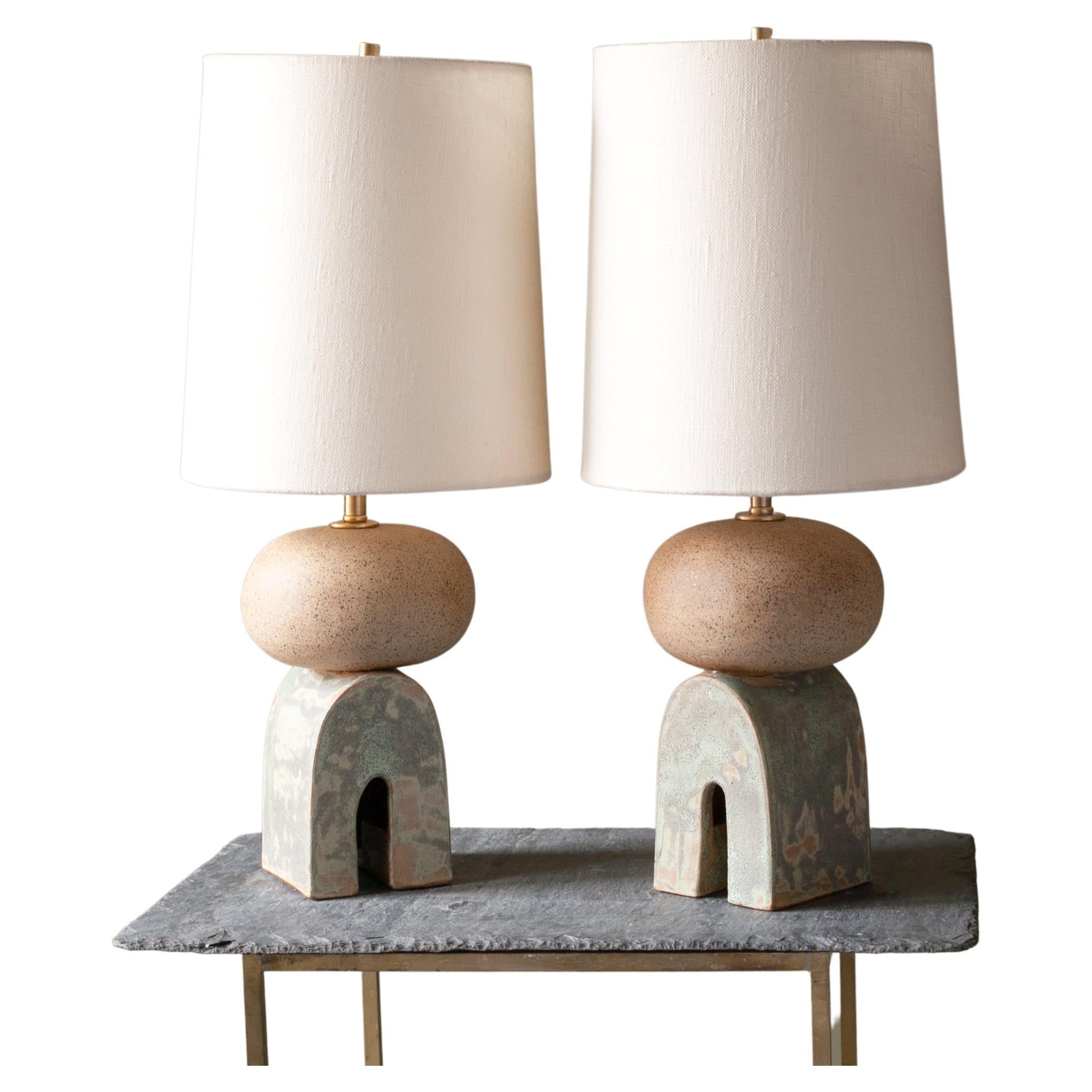Pair of Handmade Ceramic Mini Devoe Small Table Lamps - white and green For Sale