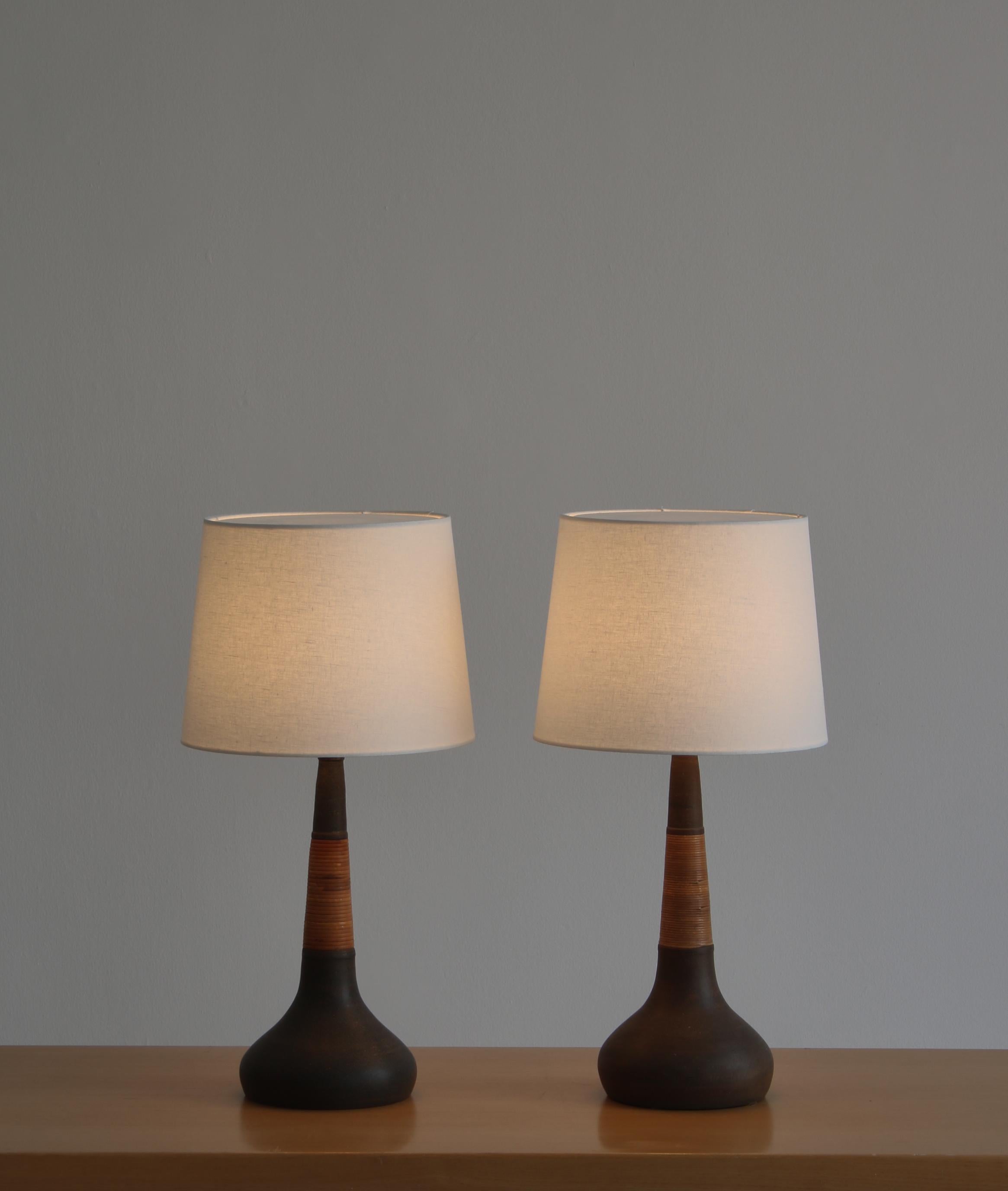 Scandinavian Modern Pair of Handmade Ceramics & cane Table Lamps by Esben Klint & Kähler, 1960s