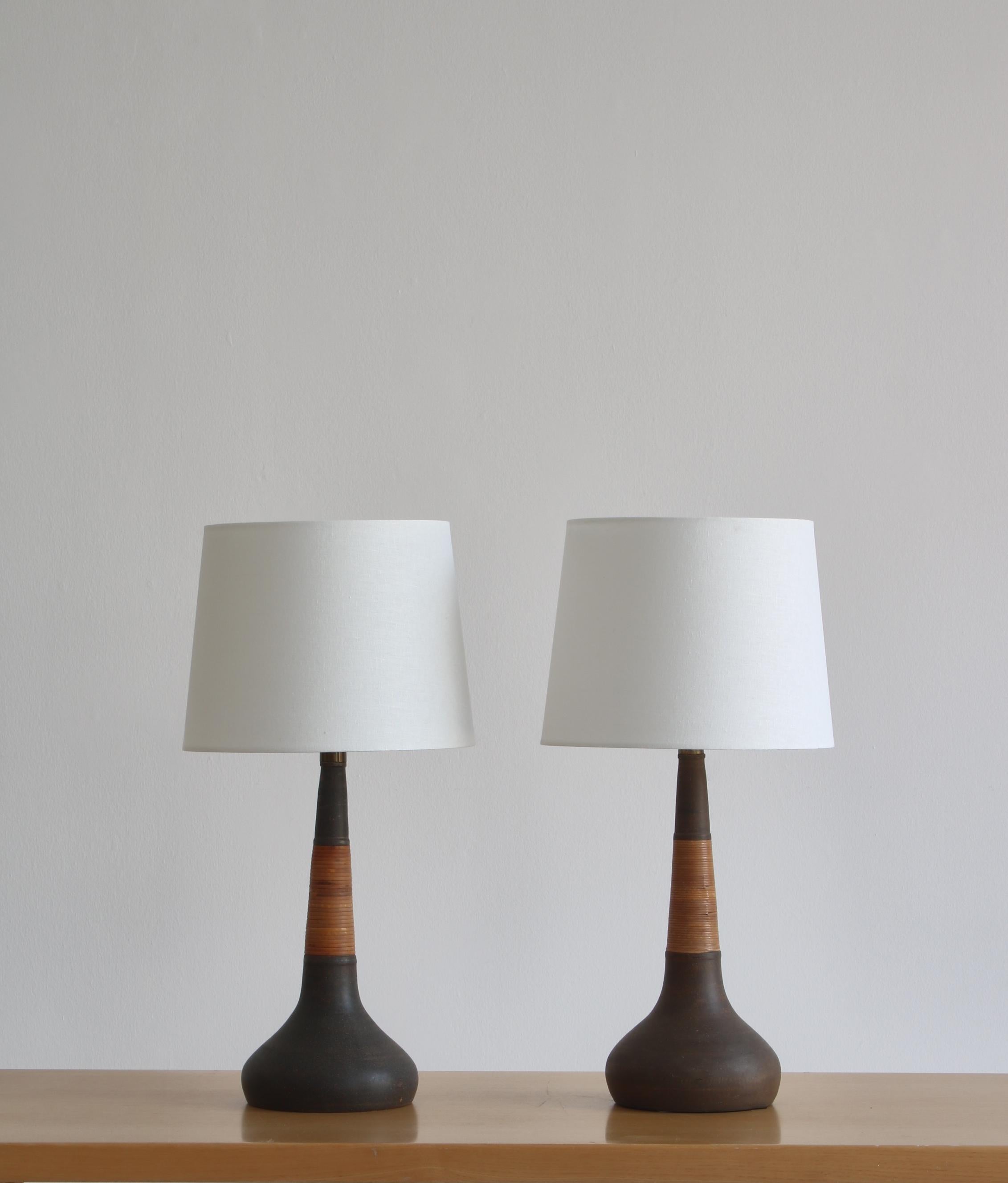 Linen Pair of Handmade Ceramics & cane Table Lamps by Esben Klint & Kähler, 1960s