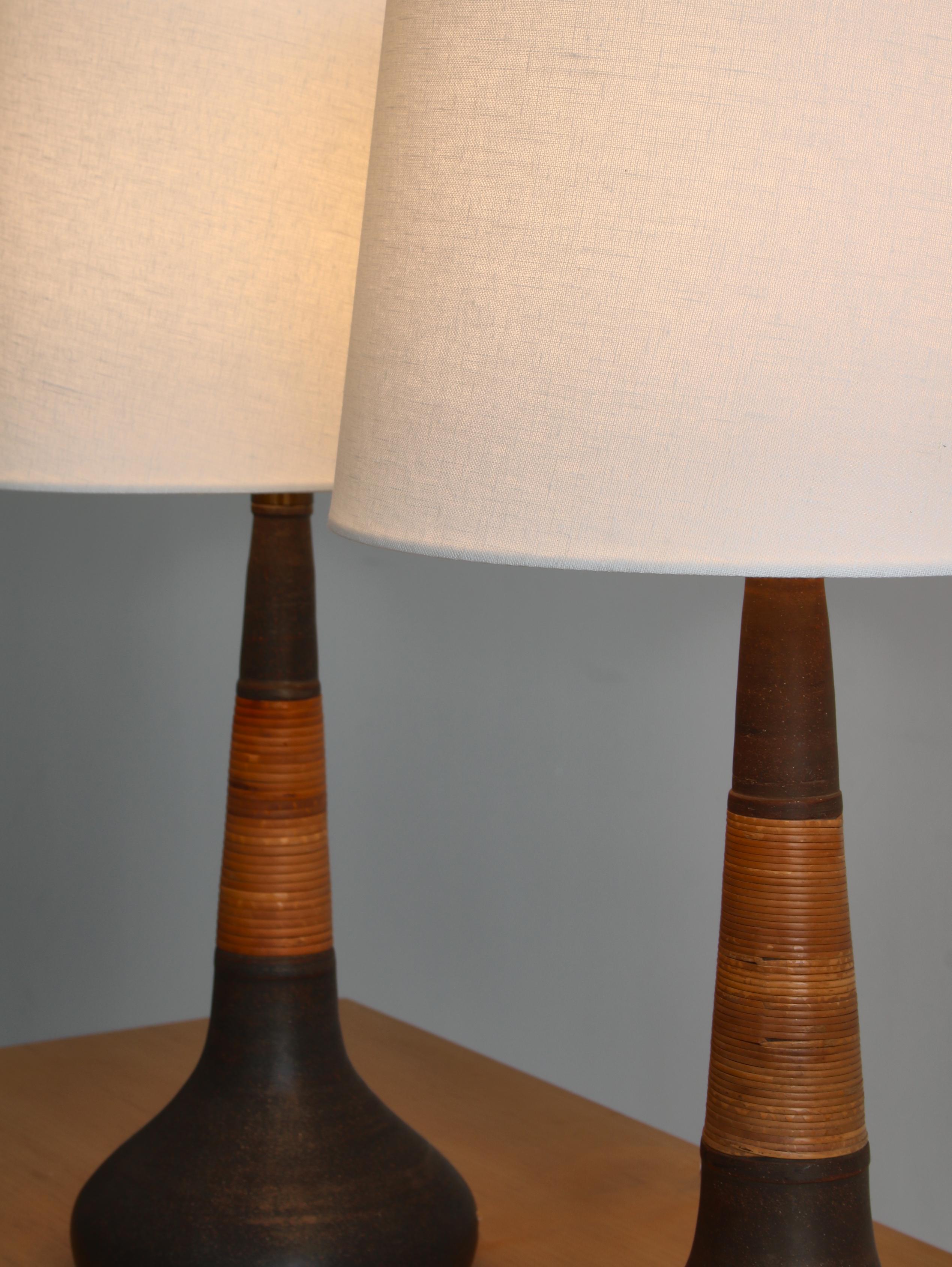 Pair of Handmade Ceramics & cane Table Lamps by Esben Klint & Kähler, 1960s 1