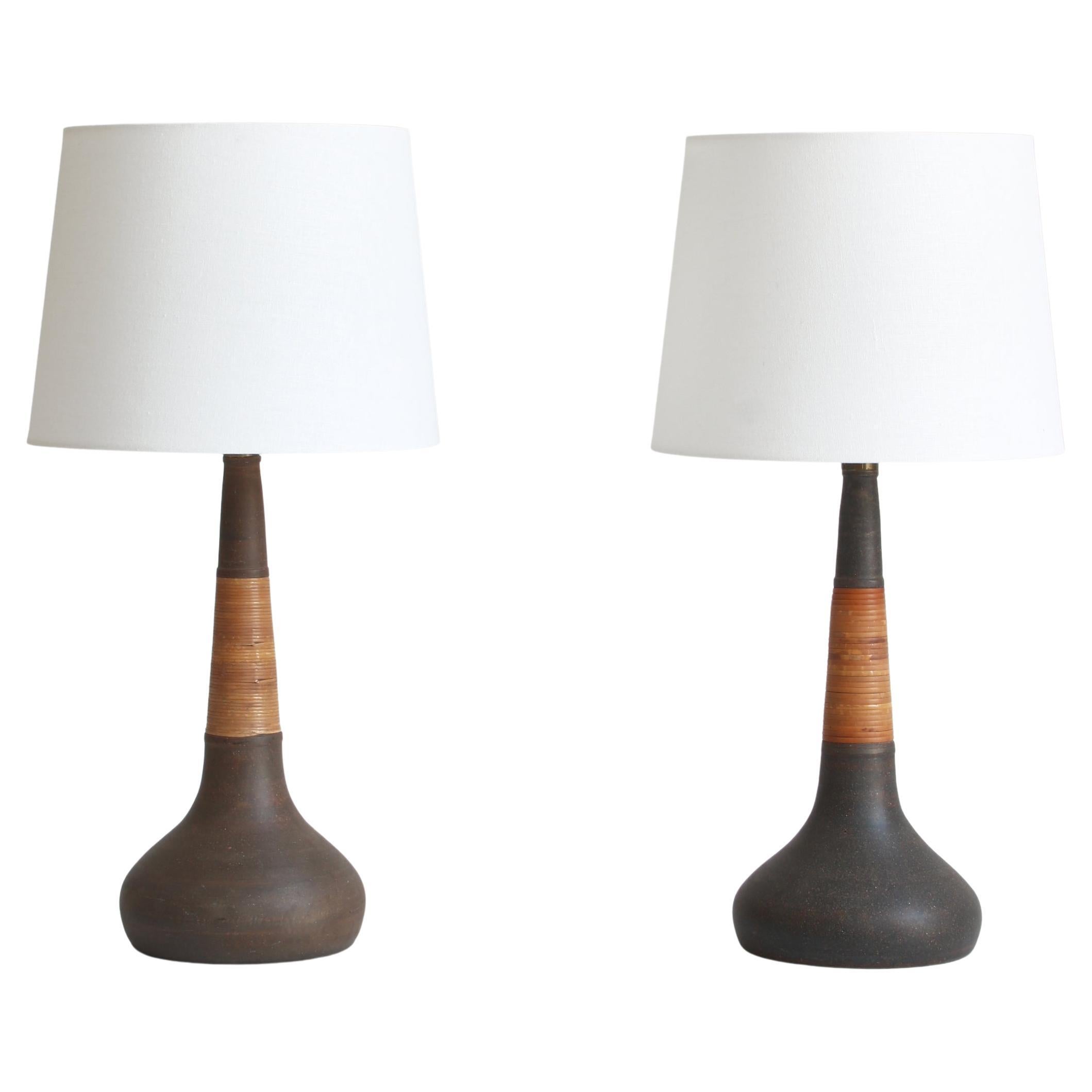 Pair of Handmade Ceramics & cane Table Lamps by Esben Klint & Kähler, 1960s