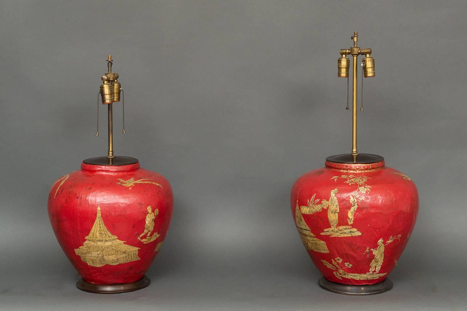 Pair of Handmade Parish Hadley Chinoiserie Decorated Lamps.  Lamps are hand made out of papier-mâché and hand-painted with vignettes in the Chinoiserie style (lamps are a pair but not identical).  Designed by Parish-Hadley, a highly influential