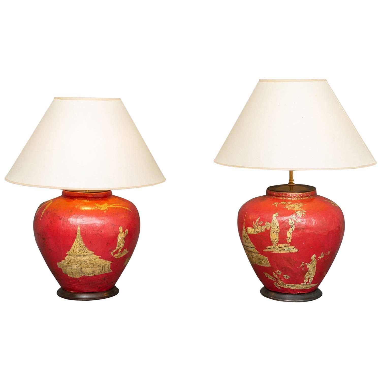 Paar handgefertigte Pariser Hadley-Chinoiserie-Lampen, dekoriert